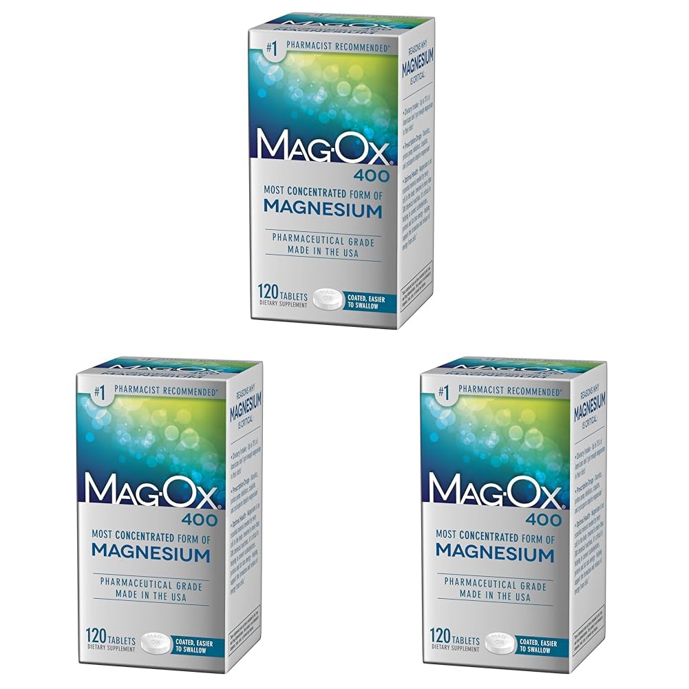 Mag-Ox Magnesium Supplement, Pharmaceutical Grade Magnesium Oxide 483mg, Most Concentrated Form of Magnesium, 120 Tablets (Pack of 3) Mag-Ox 400 buy supplements canada