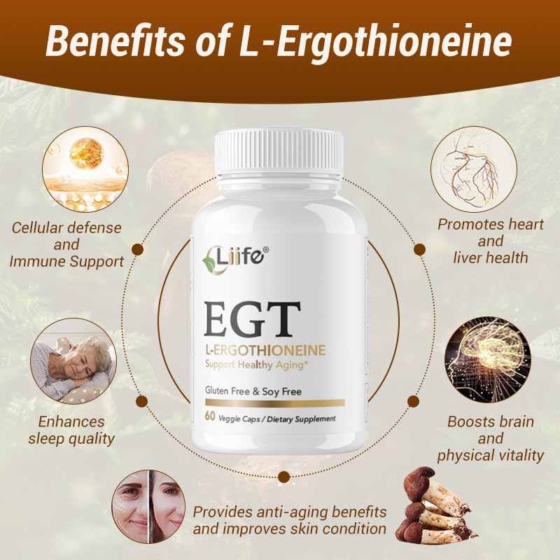 LIIFE L-Ergothioneine Supplement (EGT) 30mg,Compound Antioxidant Supplement (May Support Longevity and Healthy Aging) Promotes Skin Health，60 Capsules，Non-GMO, Gluten Free, Vegan Safe LIIFE buy supplements canada