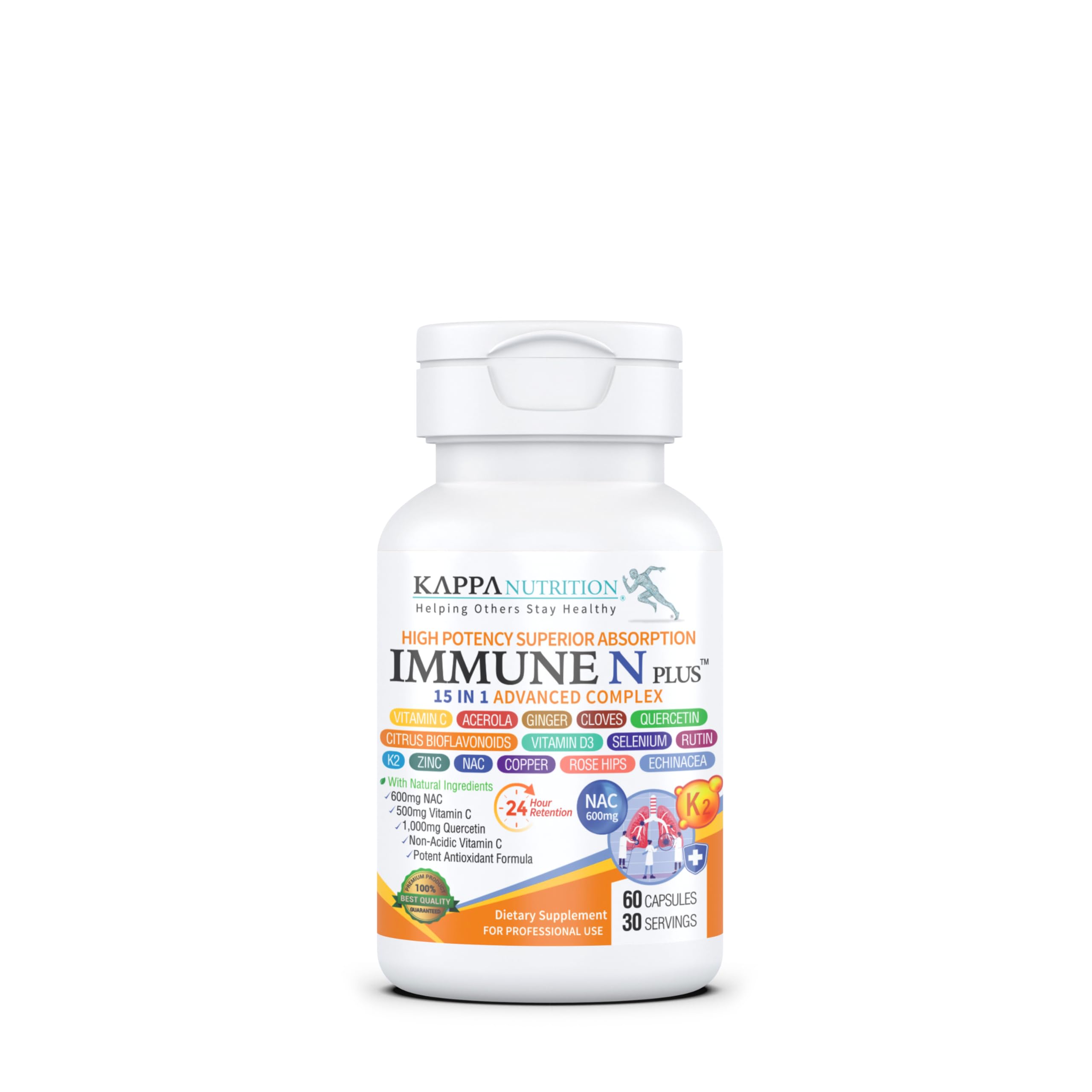 (60 Capsules), NAC 600mg, Quercetin 1,000mg, Vitamin C 500mg, Zinc 50mg, Vitamin D3 5,000iu, Selenium, Copper, Acerola, Ginger, Rutin, Citrus Bioflavonoids, Rose Hips, Echinacea, Immune N Plus 15 in 1 KAPPA NUTRITION buy supplements canada