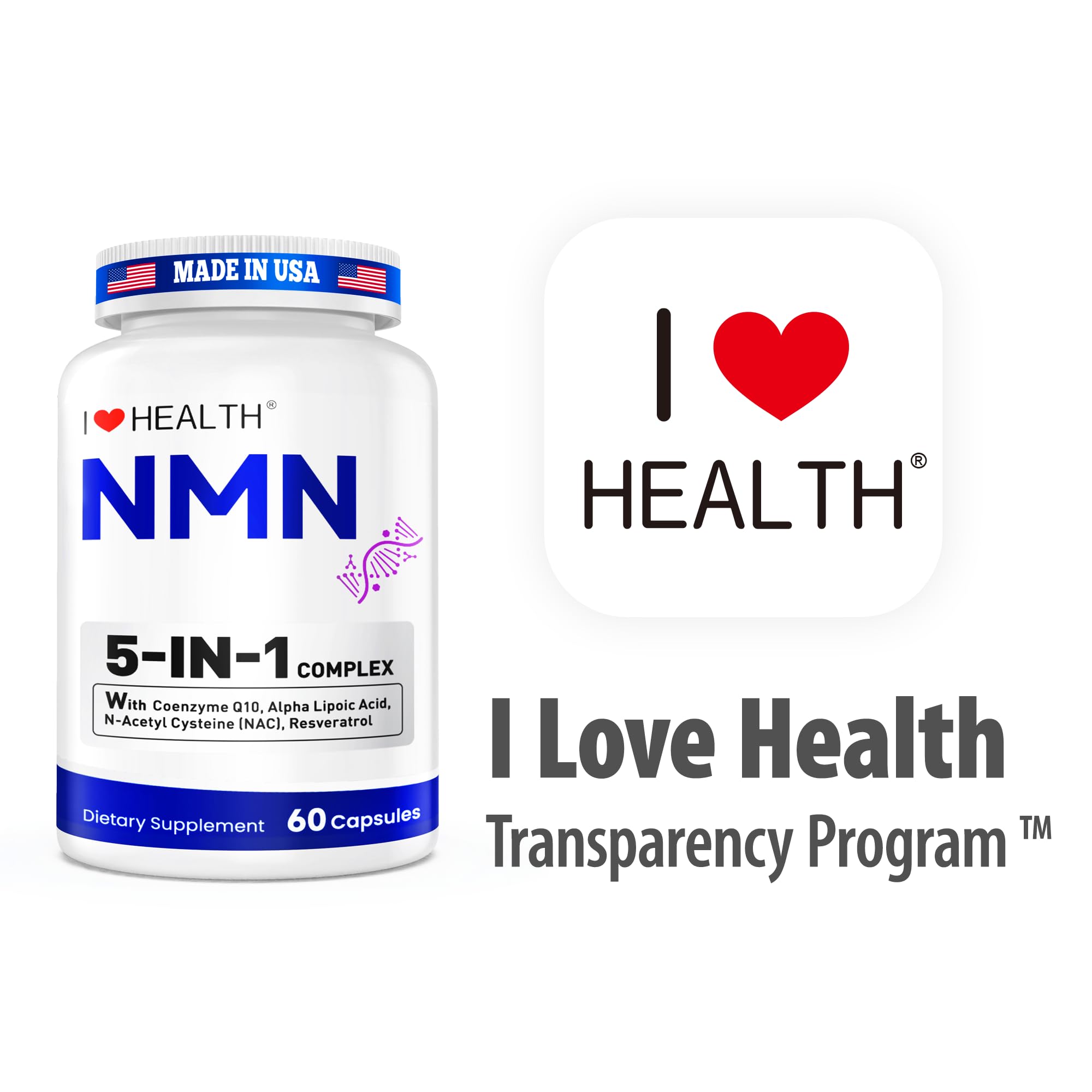I LOVE HEALTH NMN Supplement, 5-in-1 Complex with NAC, Alpha Lipoic Acid, CoQ10 & Resveratrol - High Absorption Anti Aging Formula - Third Party Tested, cGMP, Gluten Free - 60 Capsules I LOVE HEALTH buy supplements canada