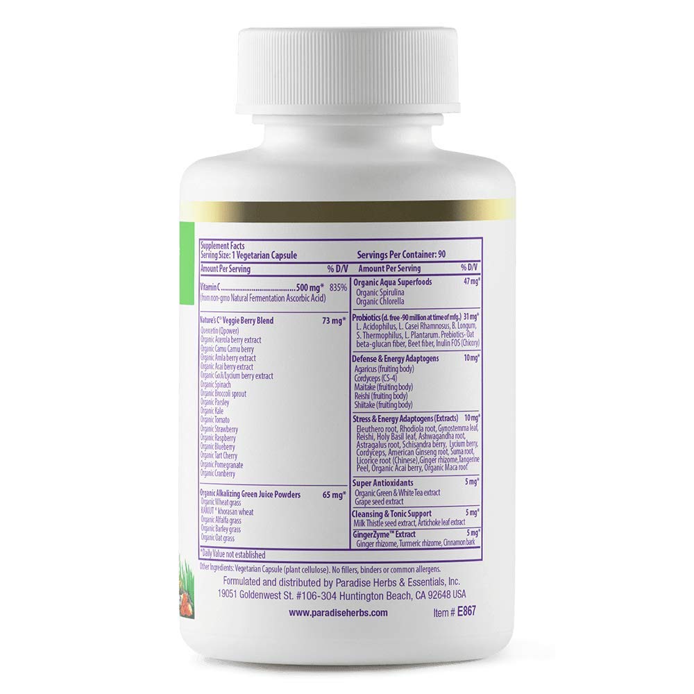 Paradise Herbs Earth's Blend Vitamin C with Nature's C and Adaptogens, Superfoods Base of Probiotics & Organic Alkalizing Greens, 90 Vegetarian Capsules Paradise Herbs buy supplements canada