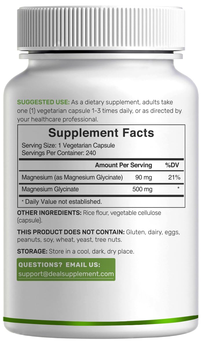 Deal Supplement Magnesium Glycinate 500mg, 240 Veggie Capsules | 100% Chelated for Easy Absorption | Essential Mineral Supplement | Non-GMO, Gluten-Free DEAL SUPPLEMENT buy supplements canada