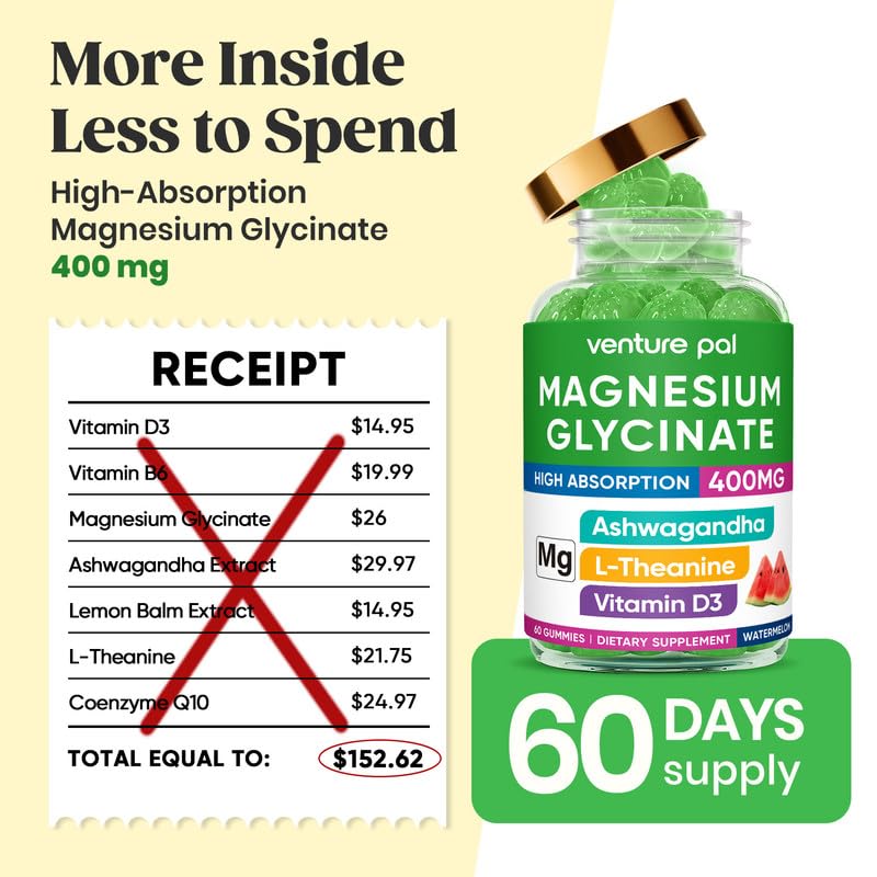 60 Day Supply Magnesium Glycinate 400mg Gummies with Ashwagandha, L-Theanine, CoQ10, Vitamin D3 & B6, Sugar Free Magnesium Gummies for Adults & Kids, Stress Relief, Sleep & Calm, Vegan, Gluten Free Venture Pal buy supplements canada