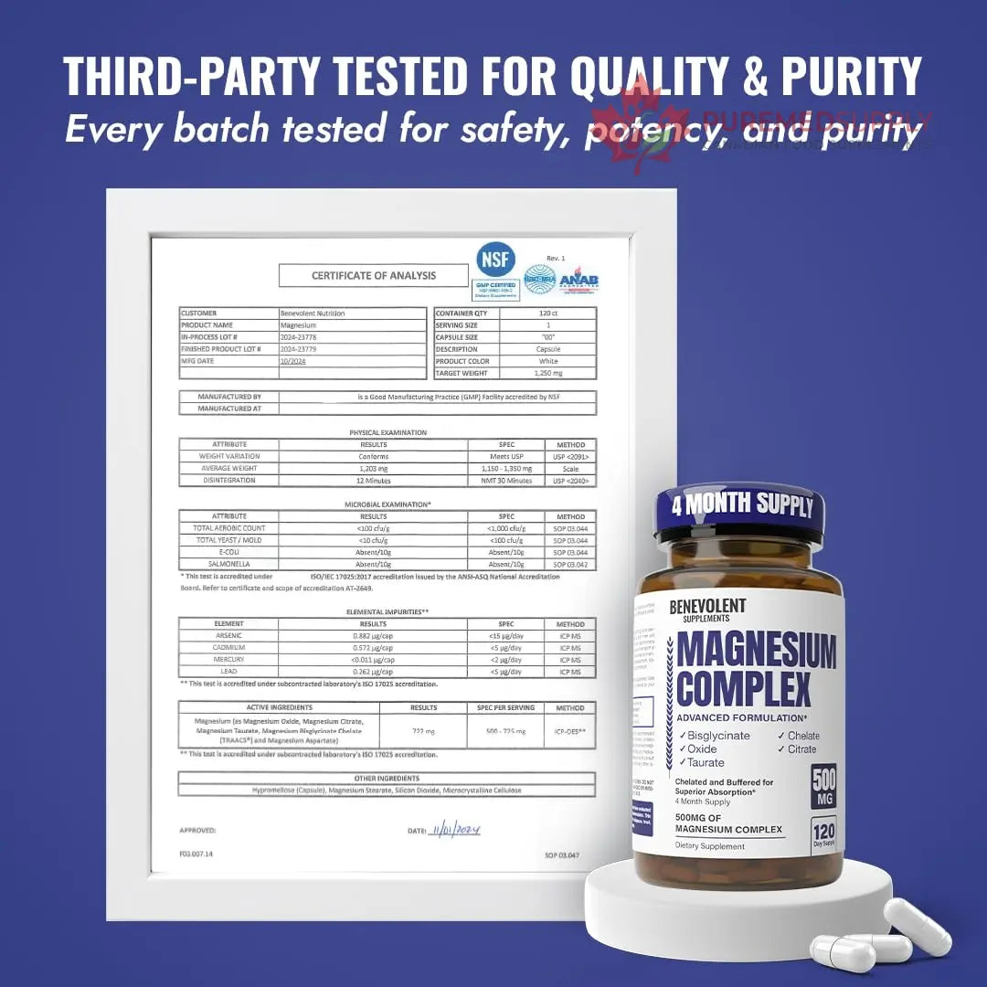 Magnesium Complex Supplement, 4 Month Supply of 500mg 5-in-1 Bisglycinate, Oxide, Taurate, Aspartate, Citrate, Max Absorption Magnesium Supplement for Calm, Sleep & Leg Cramps, 120 Capsule Benevolent Nourishment buy supplements canada