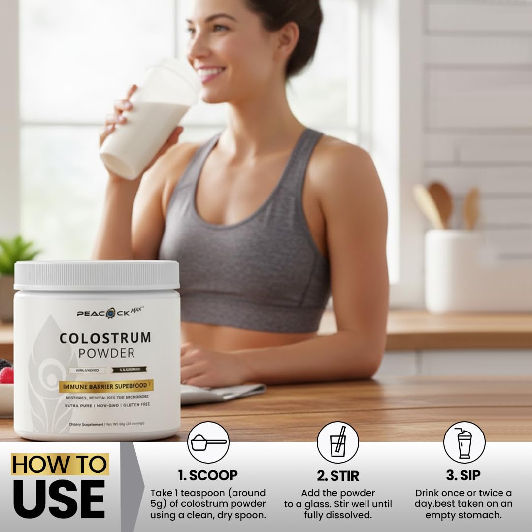 Peacock Max Colostrum Powder – 60g (30 Servings), Unflavored Bovine Colostrum Supplement, Superfood for Hair, Skin & Gut Health, Gluten-Free, Non-GMO Peacock Max buy supplements canada
