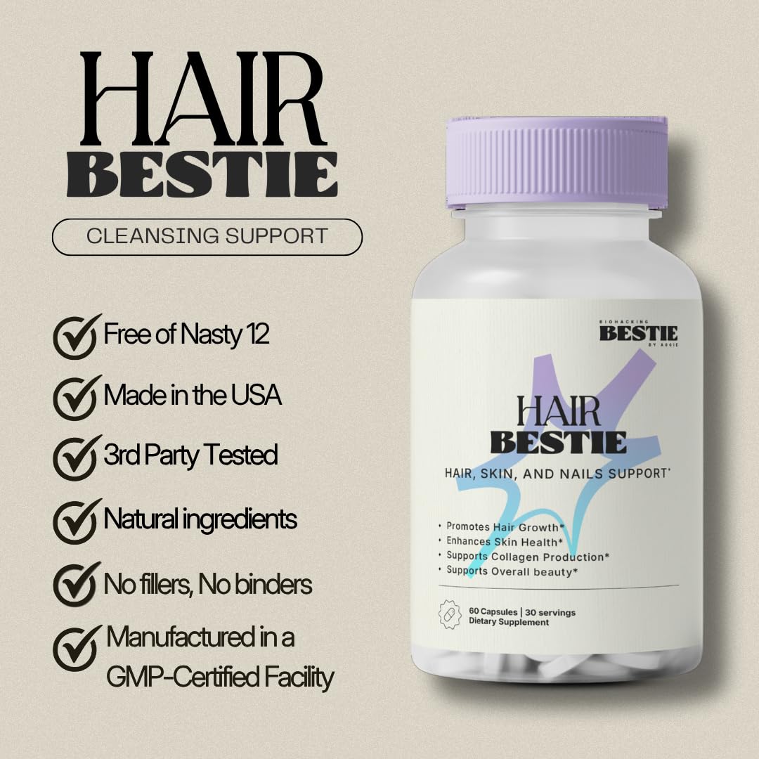 Biohacking Bestie Hair Bestie for Women & Men - Hair Growth Supplement with Biotin, Collagen, Vitamin B5, & Keratin, Support for Skin Health & Nails - 60 Capsules Biohacking Bestie buy supplements canada