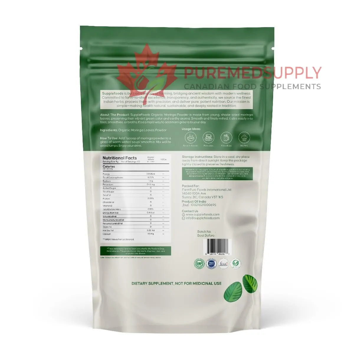supplefoods Organic Moringa Powder 200 g / 7.05 oz | 100% Natural Green Superfood | Assists Digestion & Daily Detox | Finely Milled Moringa Leaf Powder | USDA Certified Organic Dietary Supplement supplefoods buy supplements canada