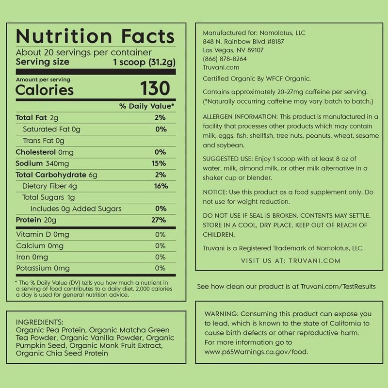 Truvani Organic Vegan Protein Powder Matcha - 20g of Plant Based, Organic Protein Truvani buy supplements canada