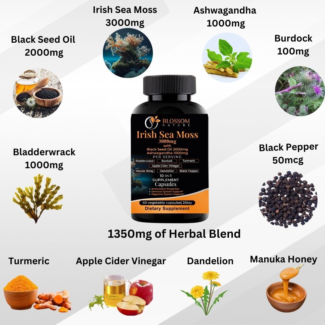10-in-1 Irish Sea Moss Veggie Caps 3000mg Black Seed Oil Ashwagandha Bladderwrack Burdock Turmeric Apple Cider Vinegar Manuka Honey Dandelion Black Pepper - Made in US(Veggie Caps, Unflavored) Blossom Nature buy supplements canada