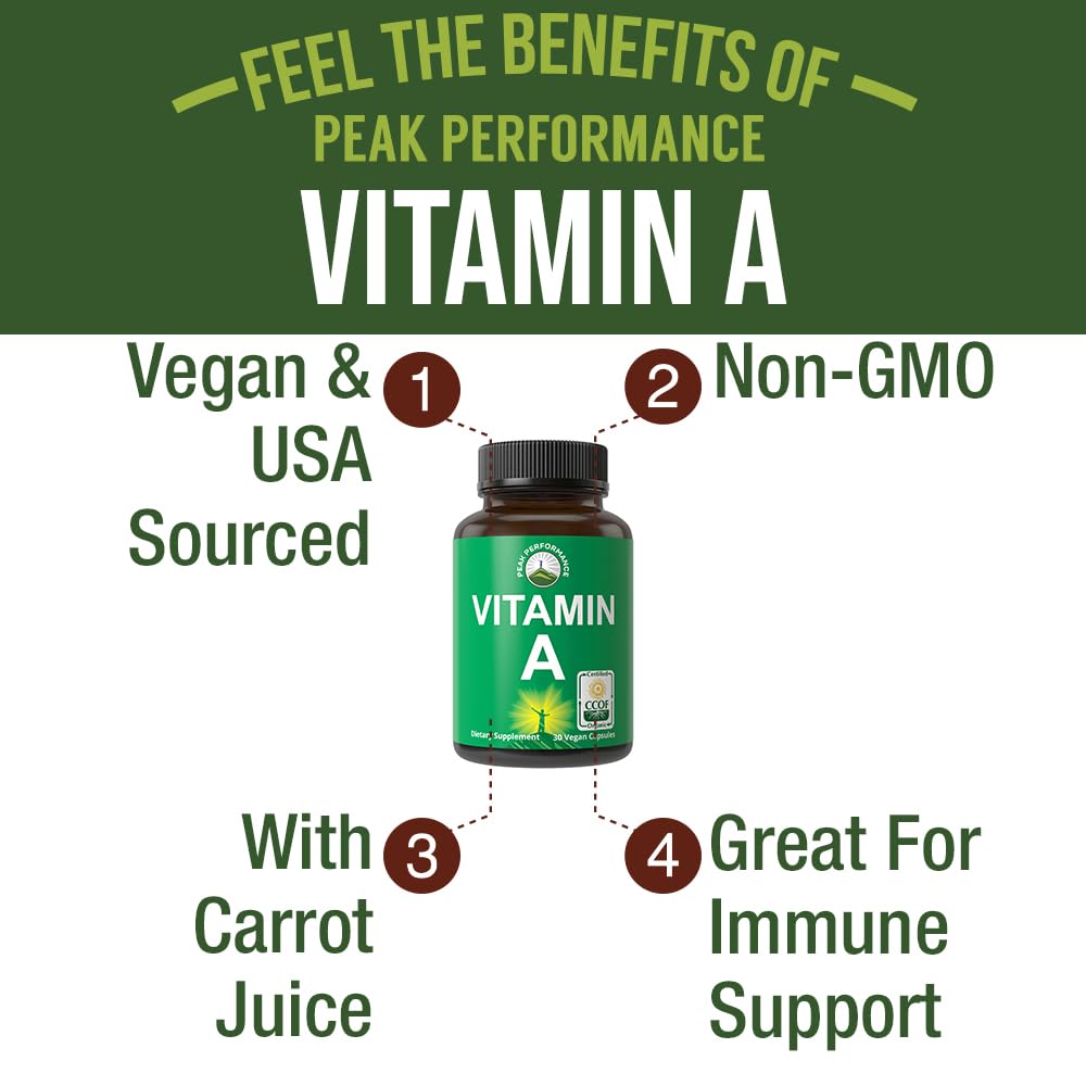 Certified Organic Vitamin A 5000 IU Supplement Capsules High Potency Vitamins. for Adults, Men, Women, Kids. Made with Carrot Juice. Great for Immune, Skin, Eye Support. Non GMO, Vegan Pills Peak Performance buy supplements canada