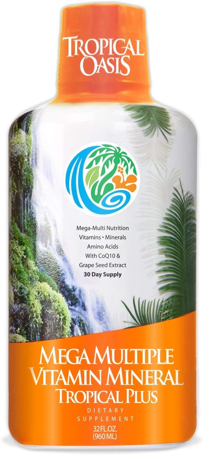 Tropical Oasis Mega Plus - Liquid Multivitamin and Mineral Supplement – Includes 85 Vitamins & Minerals, 20 Amino Acids + CoQ10, Grape Seed Extract & Organic Aloe Vera - 32oz, 32 Servings, 33460 Tropical Oasis buy supplements canada