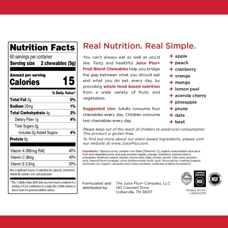 Juice Plus+ Fruit Blend Soft Chews (Chewables) - Boost Your Nutrition with 11 Fruits & Plant Ingredients - Vegan Gummy for Kids & Adults - Vitamins, Whole Food Nutrition - 120 Chewables Juice Plus+ buy supplements canada
