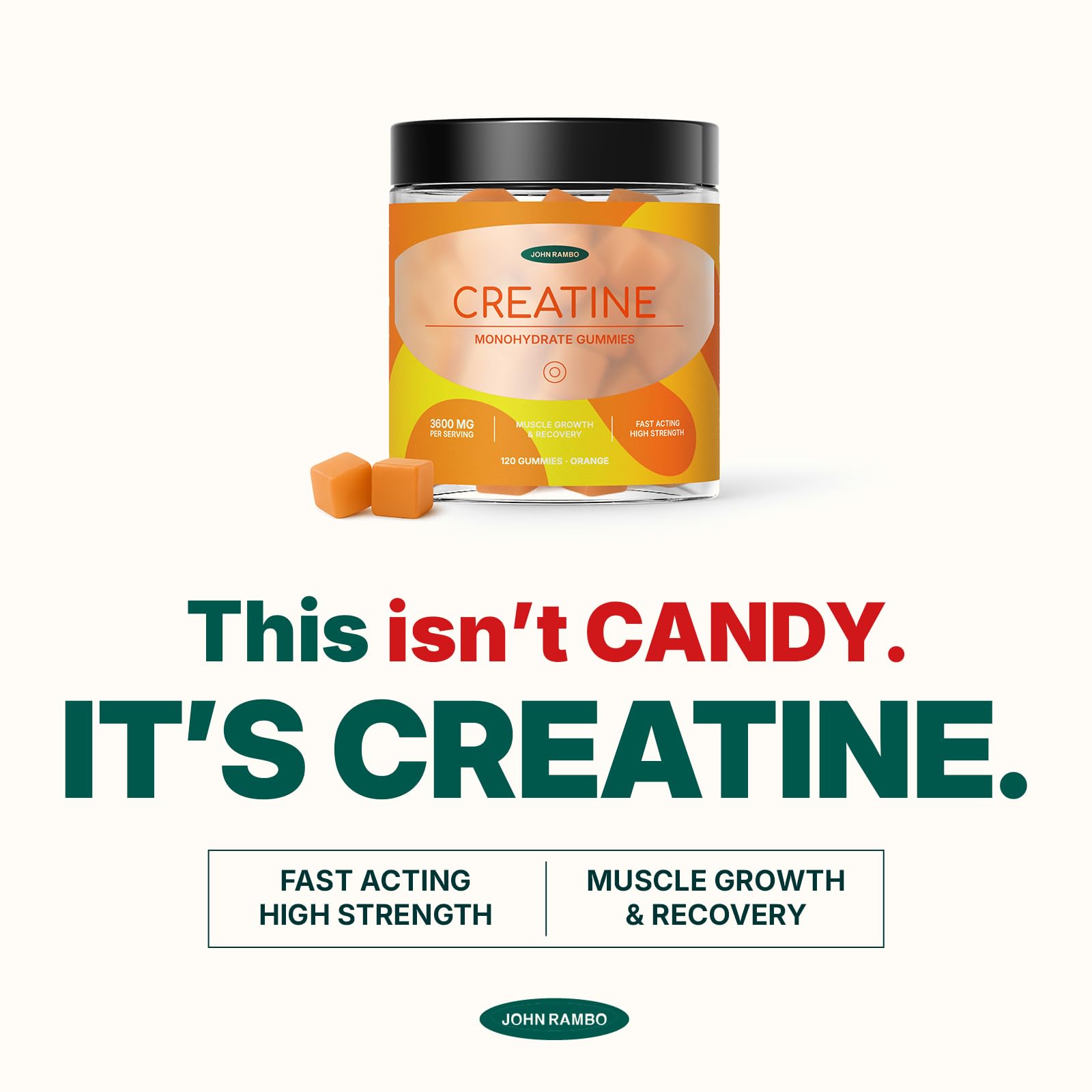 JOHN RAMBO Creatine Monohydrate Gummies – 3600mg Real Creatine Per Serving – Transparent Label, Refreshing Orange Flavor, Lab-Tested Muscle & Strength Supplement JOHN RAMBO buy supplements canada