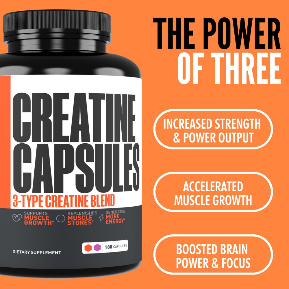 Creatine Capsules, 5g Premium 3X ThreeAtine Pre Workout Bulk Muscle Mass Gainer, High Absorption Easy to Take Creatine Monohydrate Pills Alternative Optimum Performance for Men Women, 180 Capsules Crazy Muscle buy supplements canada