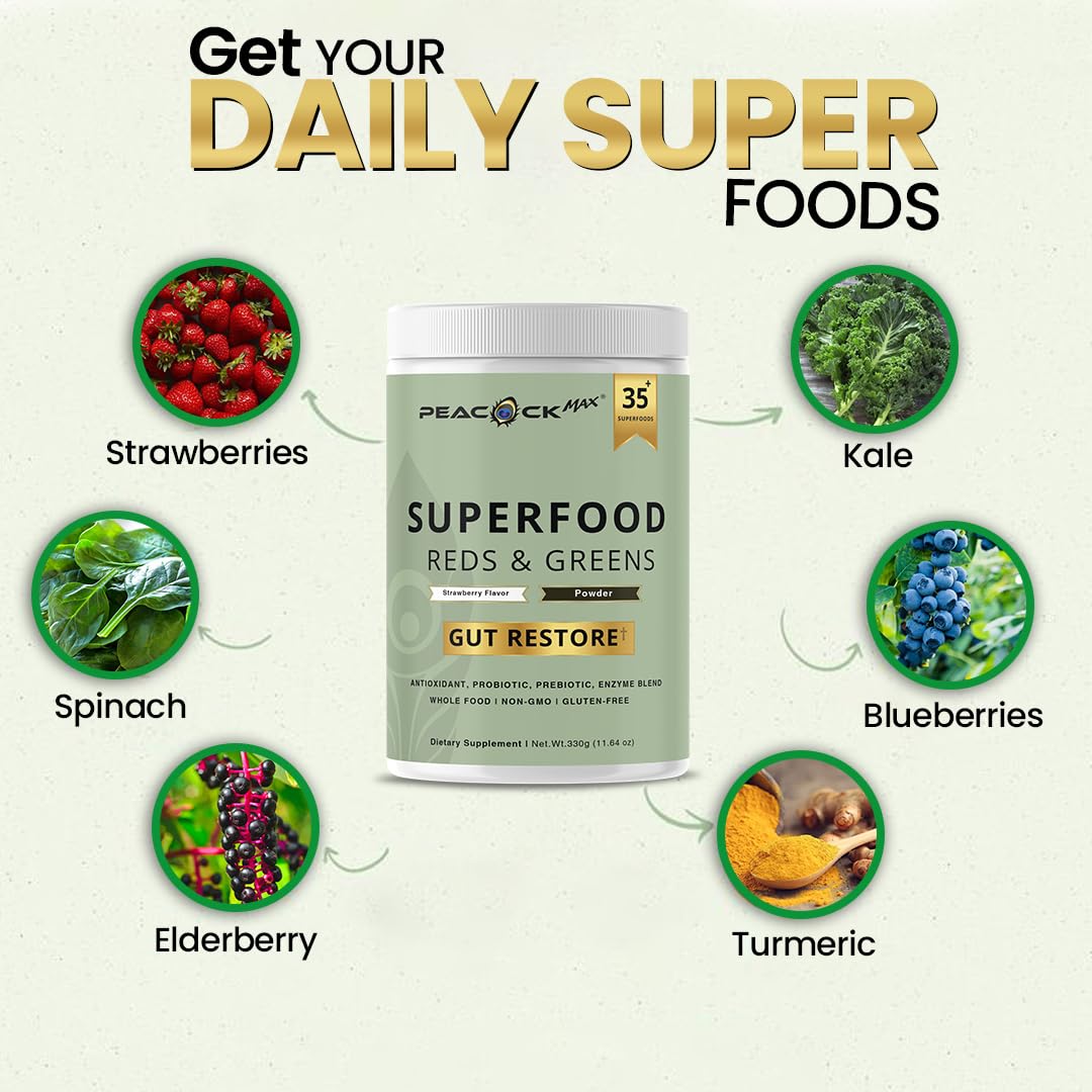 Superfood Reds & Greens Powder - 11.64 oz, Prebiotics & Probiotics for Digestive Health, Super Greens Powder with Ashwagandha for Gut Health, Immunity, Antioxidants, Peacock Max buy supplements canada