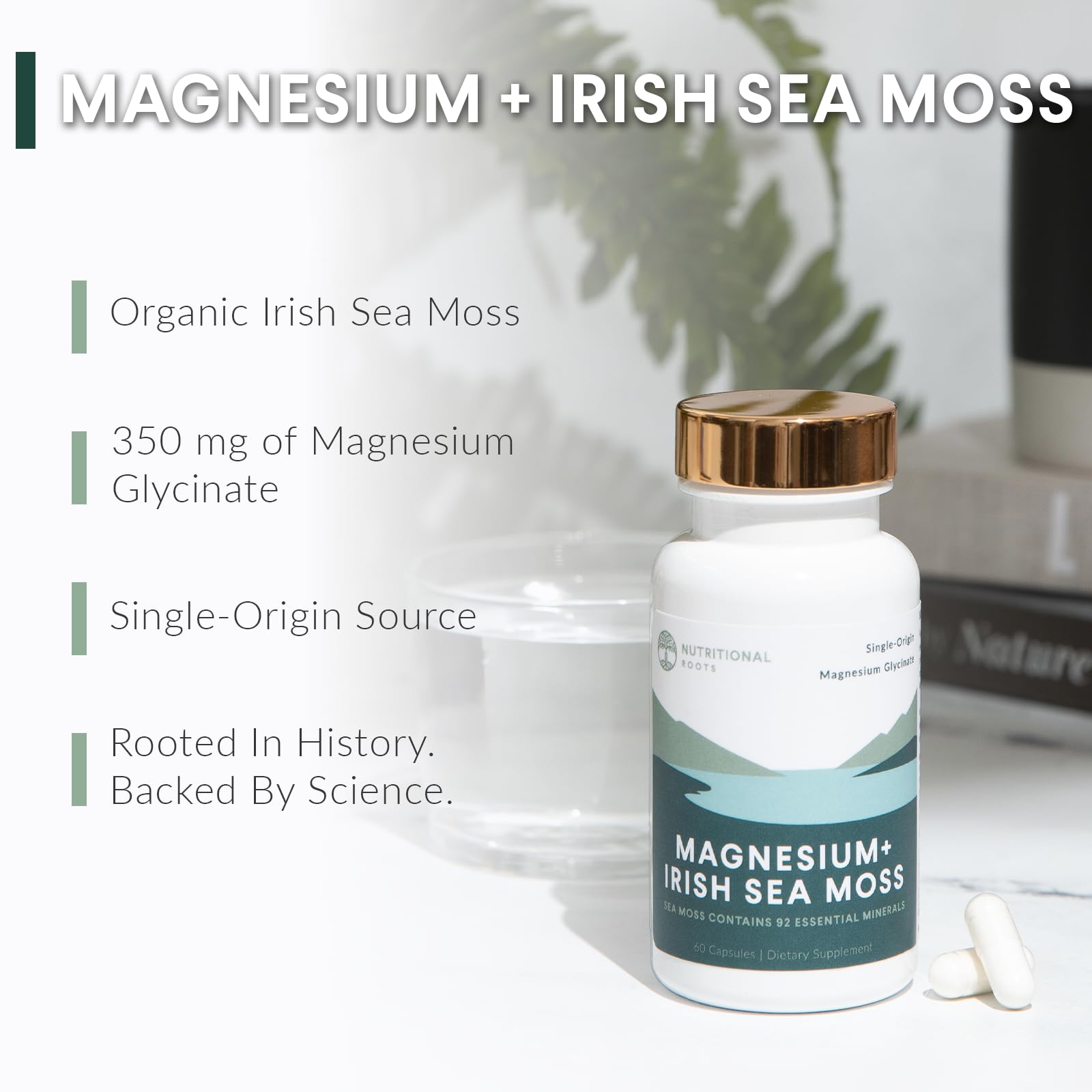 Nutritional Roots - Magnesium + Irish Sea Moss - 350mg Magnesium Glycinate & Organic Irish Sea Moss - Essential Minerals - Supports Heart & Bone Health - Dietary Supplement - 30 Servings - 60 Capsules Nutritional Roots buy supplements canada