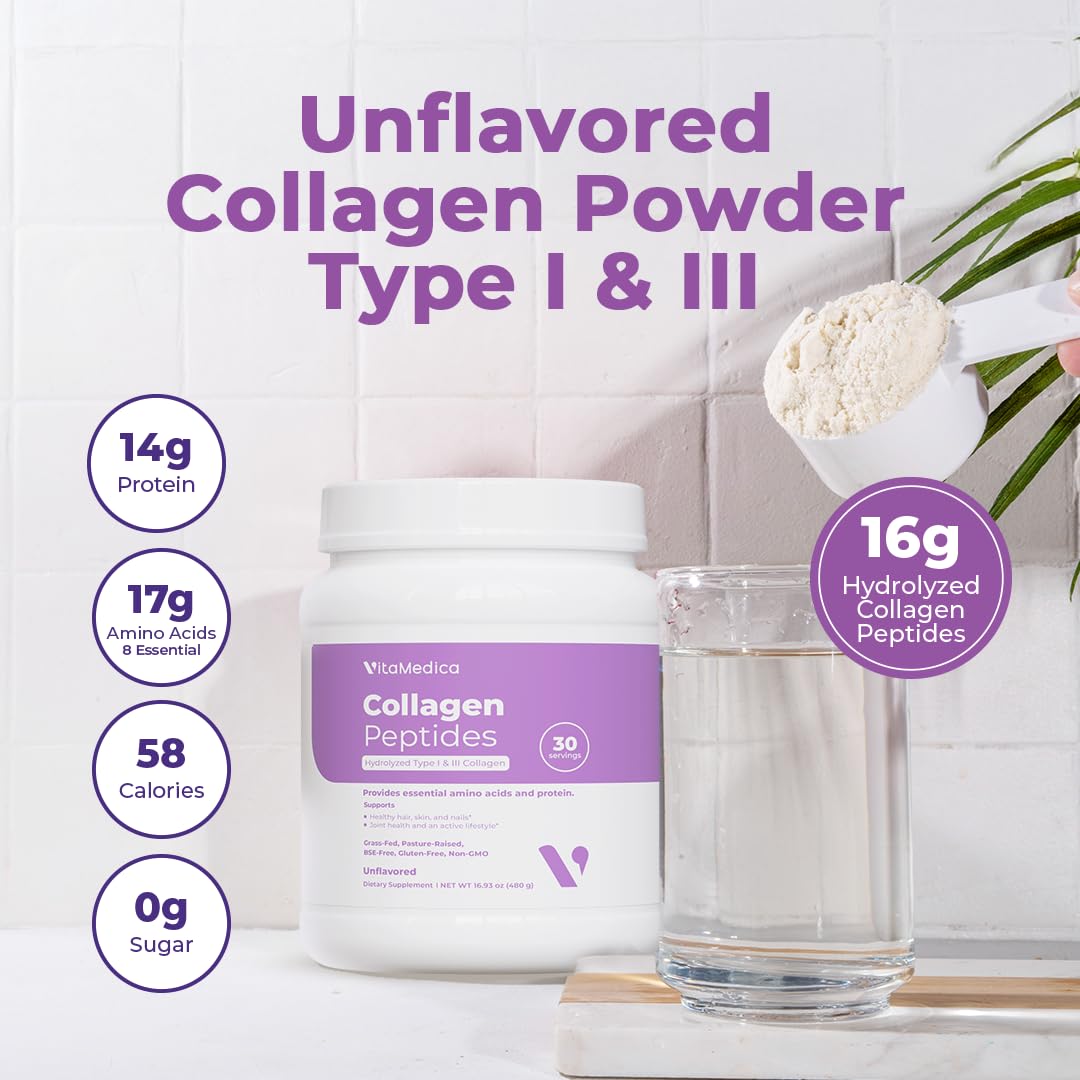 VitaMedica Collagen Peptides Powder for Women & Men - Healthy Hair, Skin, Nails, Bones and Joints - Hydrolyzed Types I & III, Grass-Fed, Pasture-Raised Protein, Zero Sugar - 30 Servings VitaMedica buy supplements canada