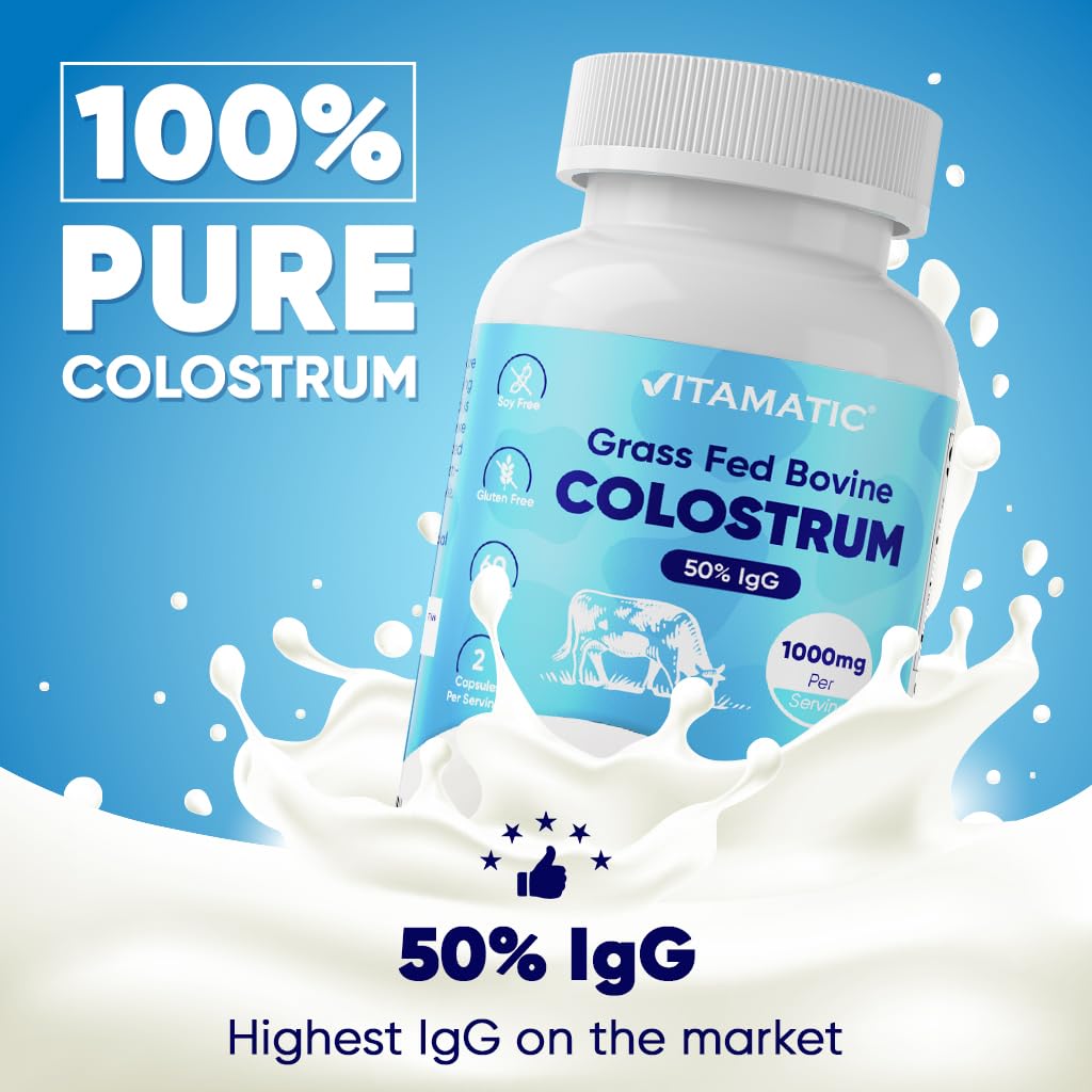 Vitamatic Bovine Colostrum Supplement 1000 mg per Serving - 50% Highest IgG - Supplement for Gut Health, Hair Growth, Beauty, Muscle Recovery, & Immune Support - 120 Capsules - 2 Pack Vitamatic buy supplements canada