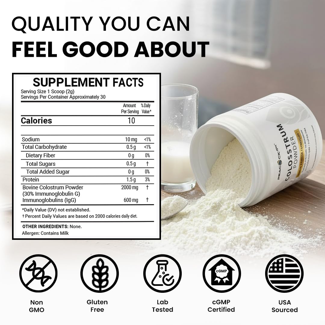 Peacock Max Colostrum Powder – 60g (30 Servings), Unflavored Bovine Colostrum Supplement, Superfood for Hair, Skin & Gut Health, Gluten-Free, Non-GMO Peacock Max buy supplements canada
