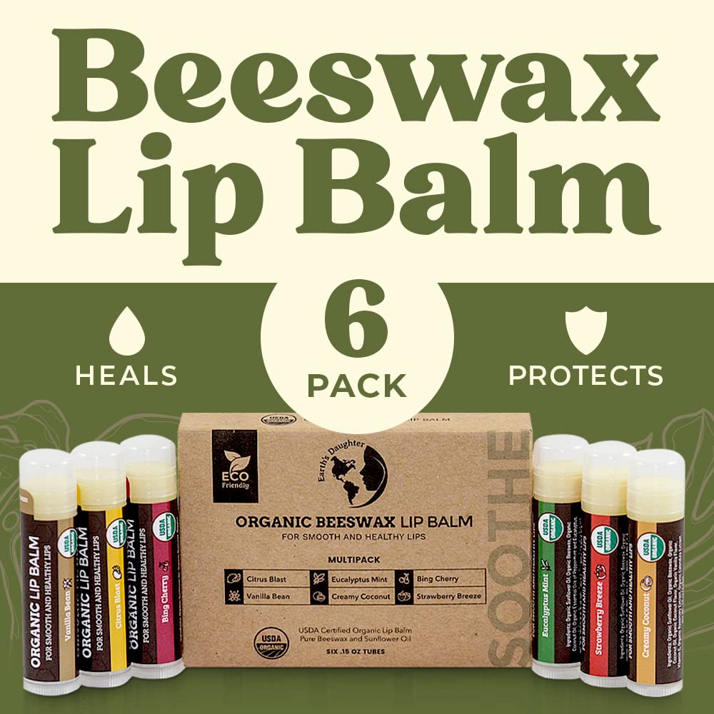 Earth's Daughter USDA Organic Lip Balm 6-Pack - Fruit Flavors, Beeswax, Coconut Oil, Vitamin E - Best Lip Repair Earth's Daughter buy supplements canada