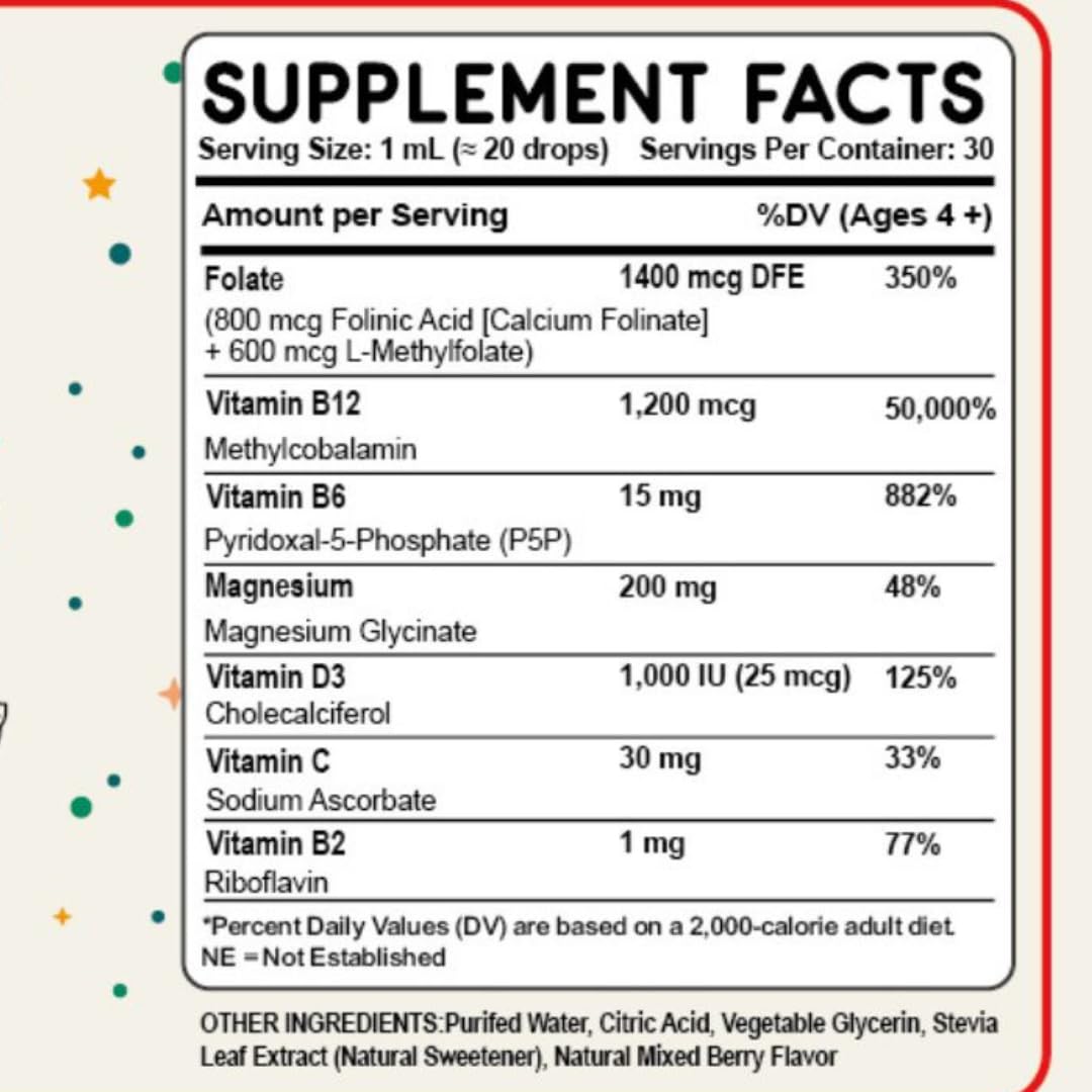 Folinic Acid Drops Kids 800 mcg + L-Methylfolate + B12 +P5P B6 Gentle Methylation Great Taste, Magnesium Glycinate, Vitamin D3 & C Folate Support for Brain,Focus, Mood & Cellular Health 5-MTHF Drops True reflectionz buy supplements canada