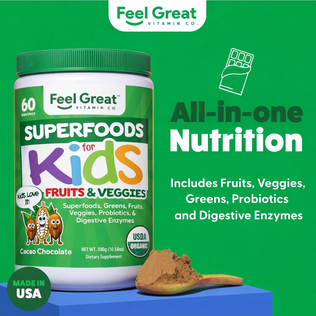 Feel Great USDA Organic Super Greens Powder for Kids - Cocao Chocolate | Fruit & Veggie Supplement | Superfood Powder with Probiotics & Digestive Enzymes for Digestive Health | 60 Days Supply The Feel Great Vitamin Company buy supplements canada