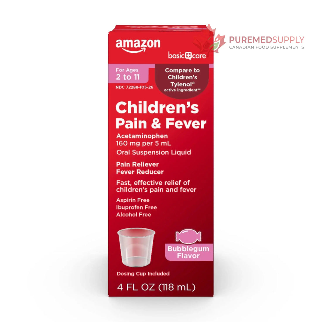Amazon Basic Care Children's Pain Reliever and Fever Reducer, Acetaminophen 160 mg per 5 ml, Bubblegum Flavor, for Headache and Sore Throat, Ages 2-11 Years, 4 fl oz Amazon Basic Care buy supplements canada