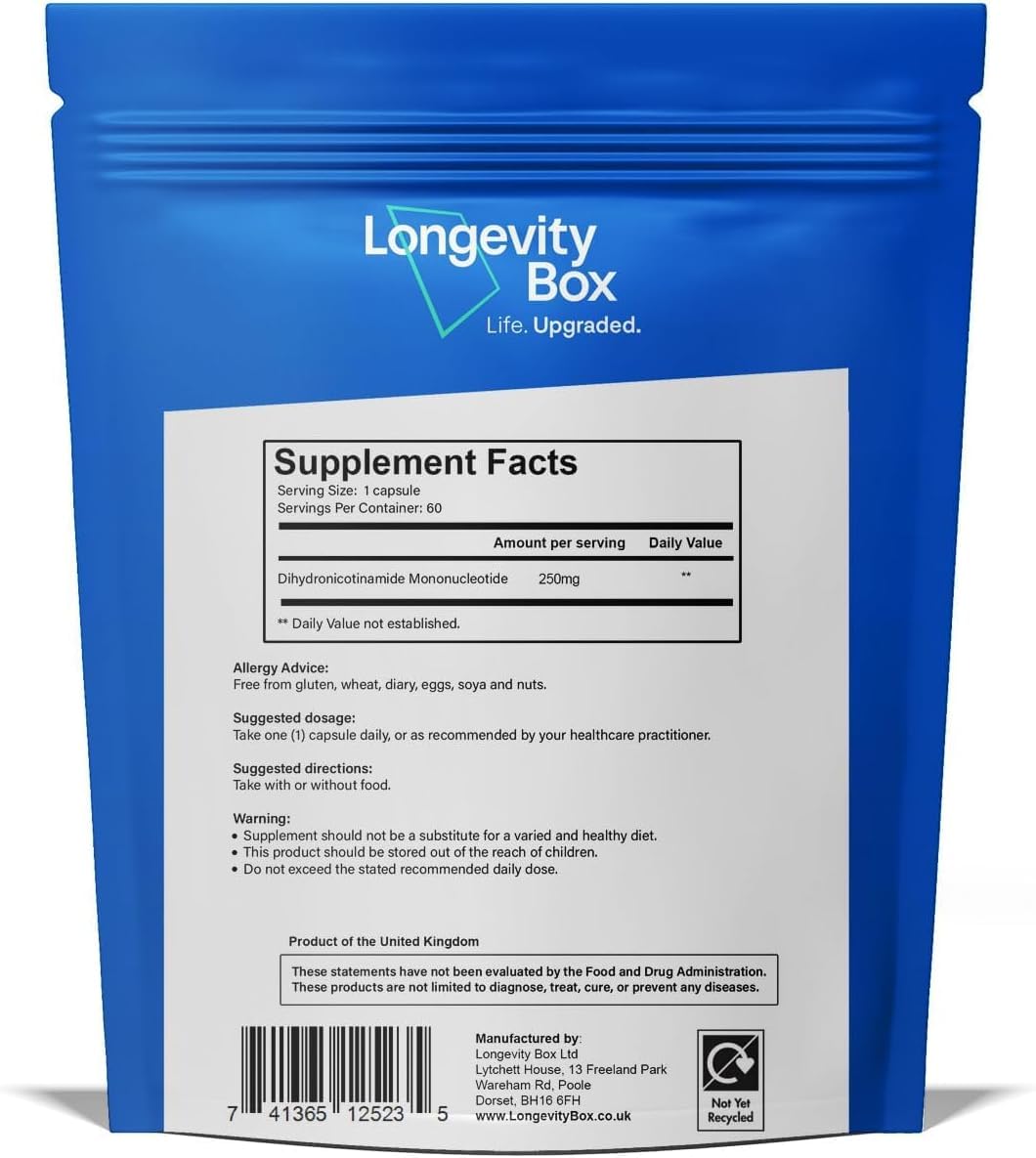 Longevity Box NMNH NMN Alternativen 250mg - 5X More Potent Dihydronicotinamide Mononucleotide NAD+ Booster for Peak Cellular Energy, DNA Repair & Healthy Aging - 60 Advanced Capsules Longevity Box buy supplements canada