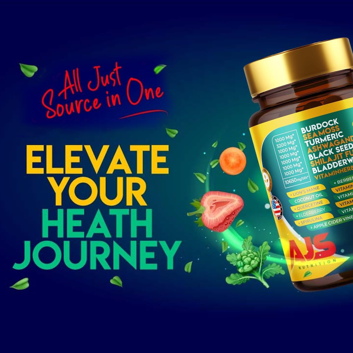 AJS Sea Moss Capsules 3200mg, Himalayan Shilajit 1000mg with Black Seed Oil, Ashwagandha, Turmeric, Bladderwrack, Burdock, Vitamins, Berberine, Lion’s Mane Mushroom, Elderberry- 90 Caps AJS Nutrition buy supplements canada