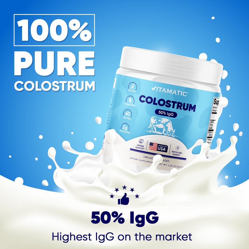 Vitamatic Bovine Colostrum Powder - 50% Highest IgG -120 Gram - Supplement for Gut Health, Hair Growth, Beauty, Muscle Recovery, & Immune Support - Easy to Mix - Unflavored - 60 Servings Vitamatic buy supplements canada