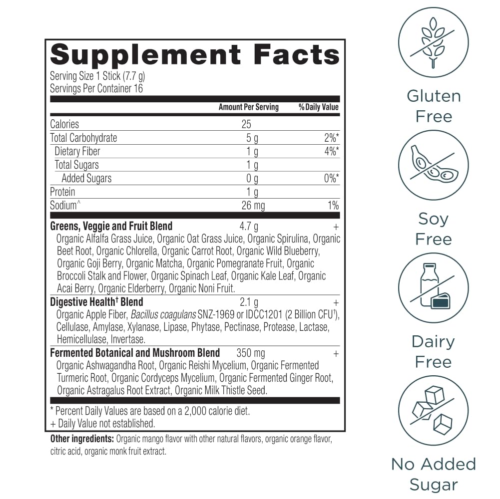 Ancient Nutrition SuperGreens Powder with Probiotics, Organic Mango Flavor Greens, Made from Real Fruits, Vegetables and Herbs, Digestive and Energy Support, 16 Stick Packs, 4.3oz Ancient Nutrition buy supplements canada