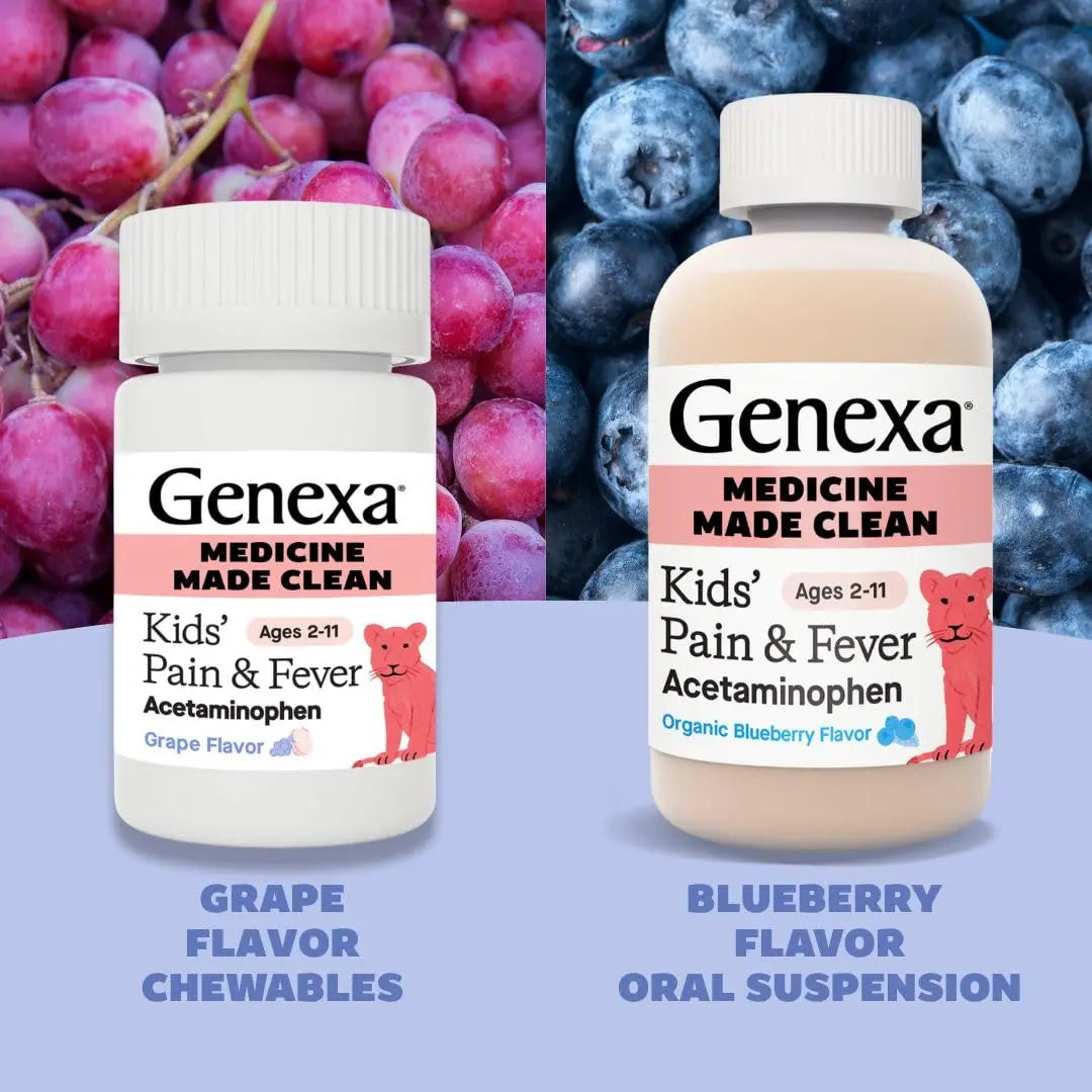 Genexa Kids' Clean Pain & Fever Acetaminophen Bundle | Relieves Fever & Minor Aches and Pain | Dye Free, 0% Artificial Additives | Chewable Tablets & Liquid Oral Suspension for Children Aged 2-11 Genexa buy supplements canada
