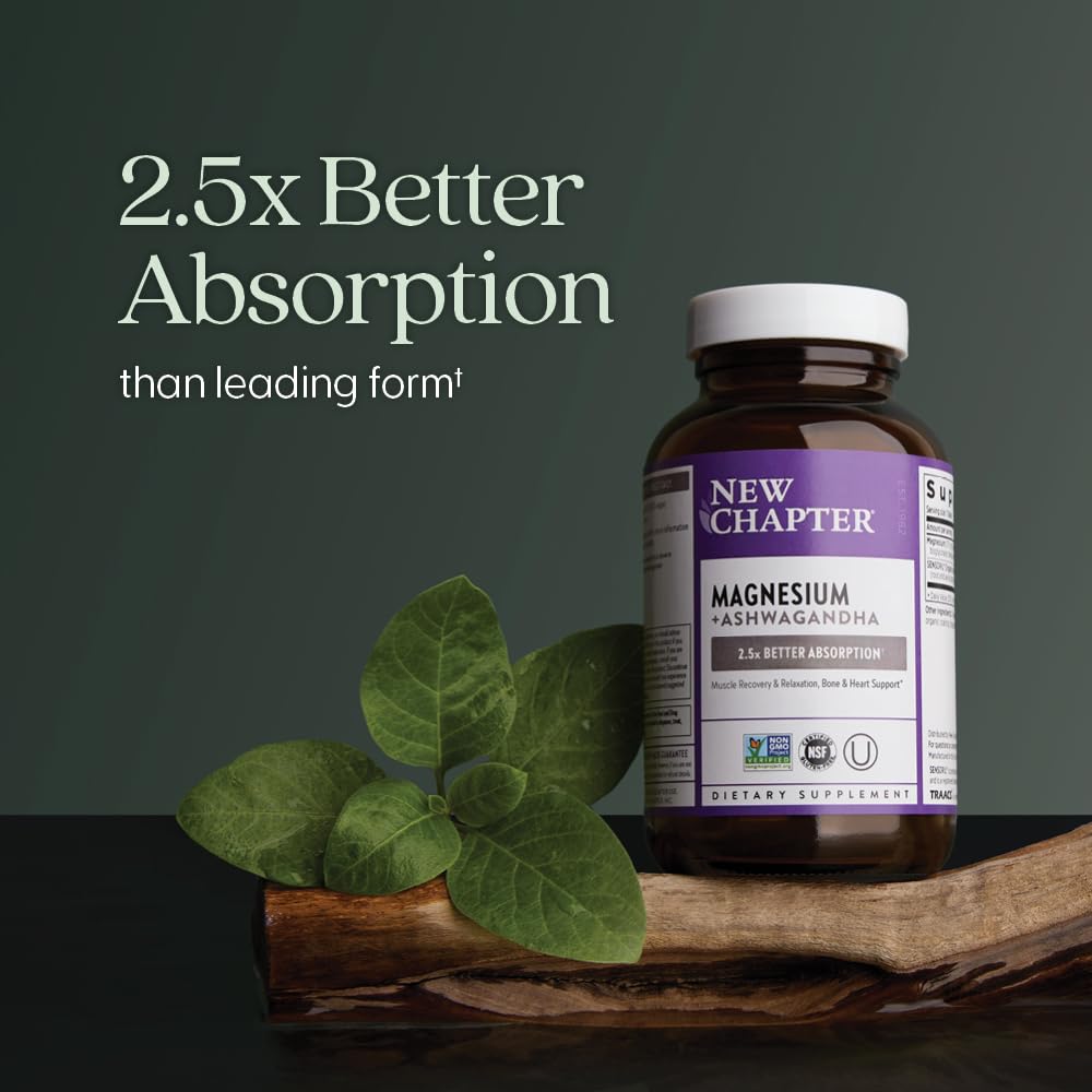 New Chapter Magnesium + Ashwagandha Supplement, 325 mg with Magnesium Glycinate for Muscle Relaxation & Recovery, Heart, Nerve & Bone Health, 2.5X Absorption, Non-GMO - 30 ct (1 Month Supply) New Chapter buy supplements canada