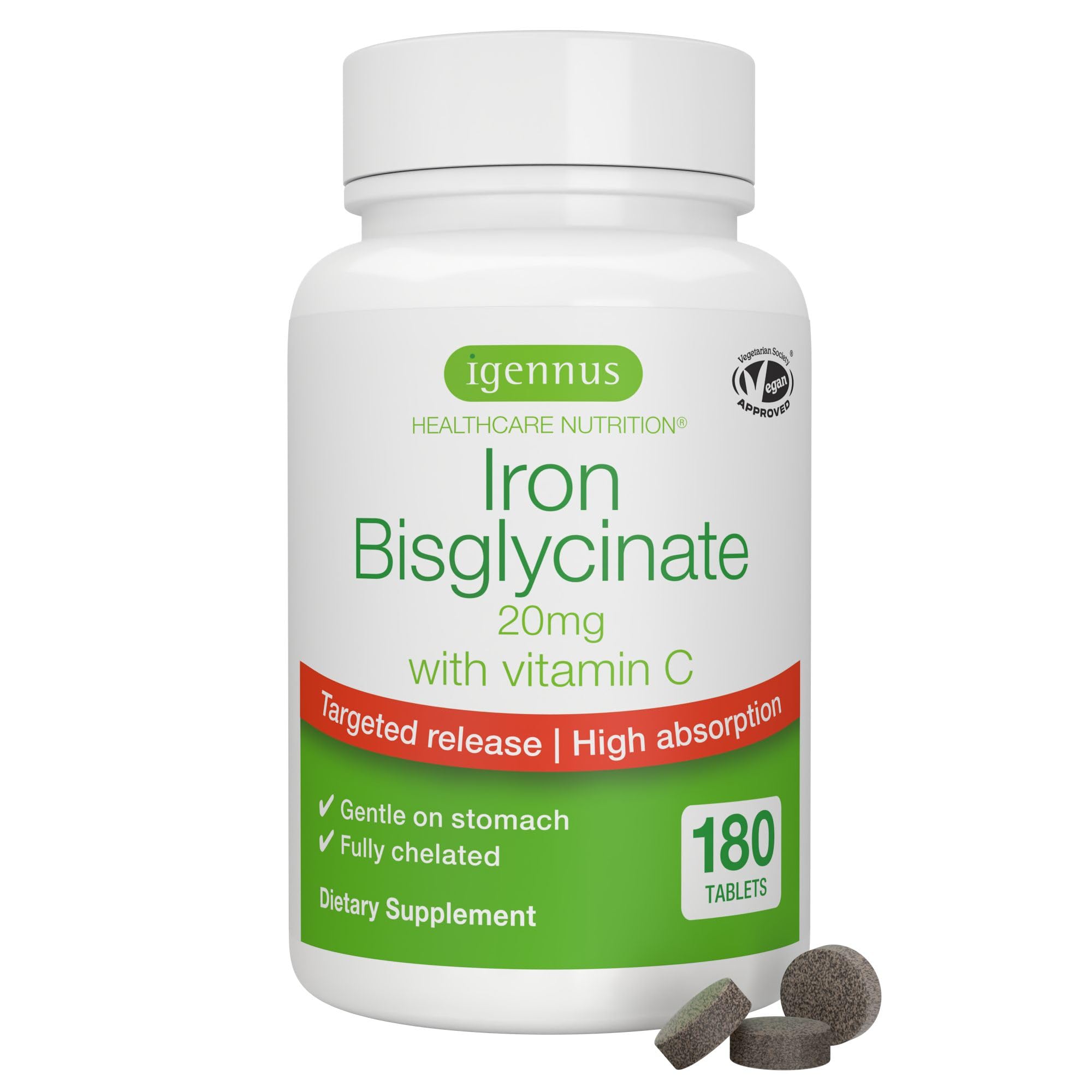 Igennus Clean Iron Bisglycinate 20mg, Vitamin C, 6 Month Supply, Gentle Chelated High Absorption Formula & Targeted Release Ferrous Bisglycinate Igennus Healthcare Nutrition buy supplements canada