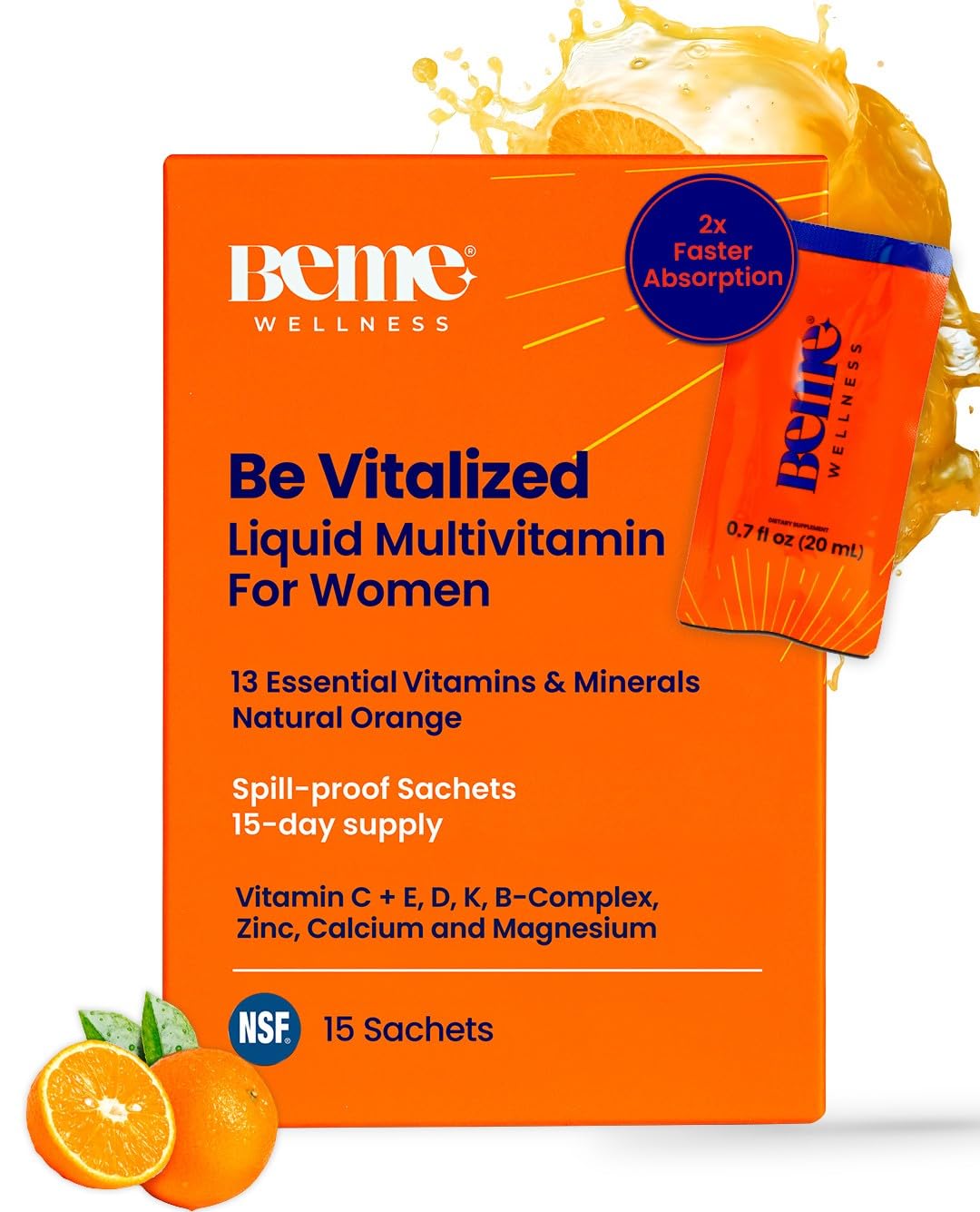 BeMe Liquid Multivitamins for Women - Advanced Liquid Delivery System with 13 Vitamins & Minerals - Tear & Go Sachets, Non-GMO, Orange Flavor (15 Sachets) BeMe buy supplements canada