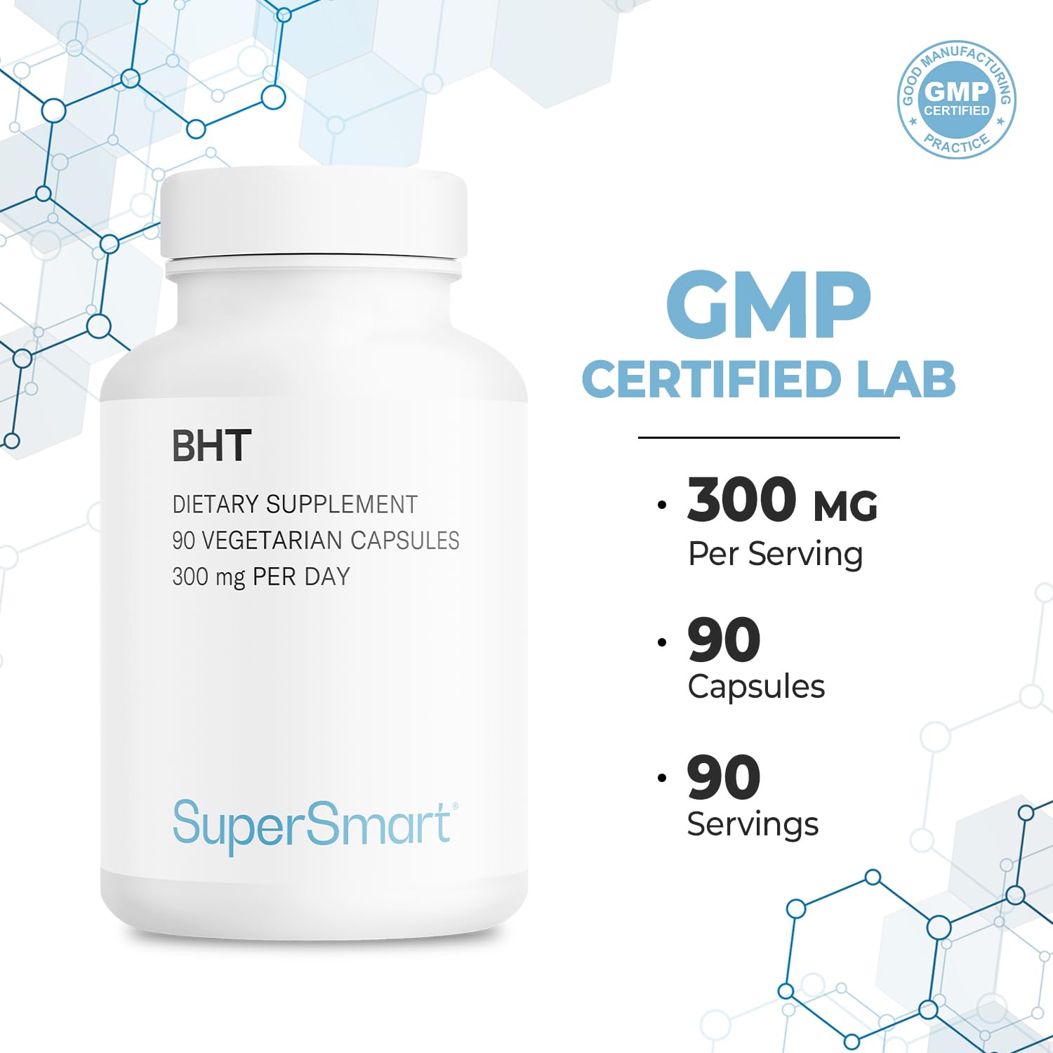 Supersmart - BHT Supplement 300mg per Day - Butylated Hydroxytoluene | Non-GMO & Gluten Free - 90 Vegetarian Capsules Supersmart buy supplements canada