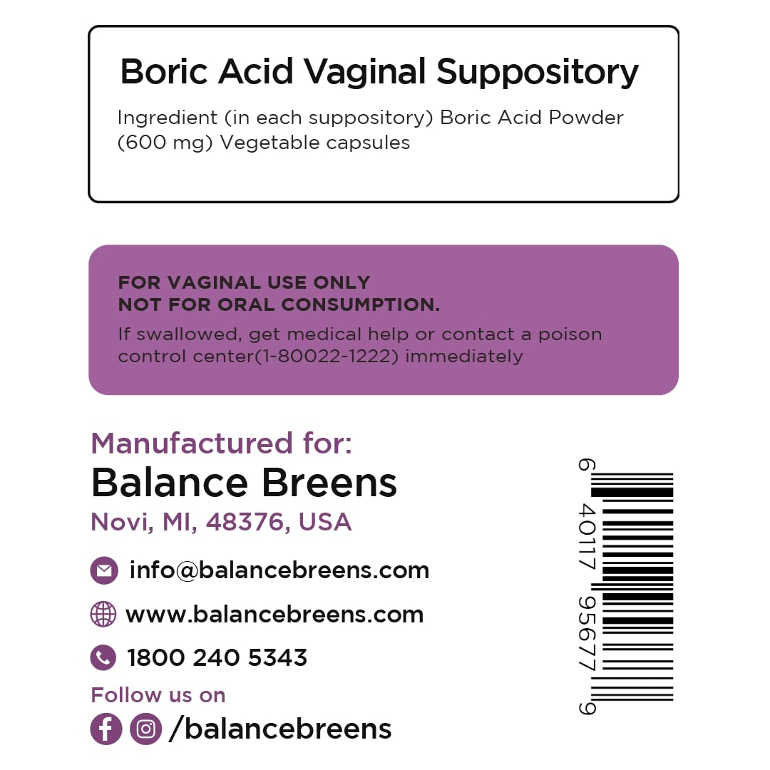 Boric Acid Suppositories for Women 600 mg - 30 Vaginal Use Capsules - ph Balance Pills, Odor Control Balancebreens buy supplements canada