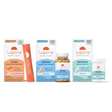 Uqora Complete Regimen with Flush, Defend & Promote - Urinary Tract Support with D-Mannose, Vitamin C, Green Tea Extract, Probiotics & More - Comprehensive Bladder Health Support* - 3-Part Bundle Uqora buy supplements canada