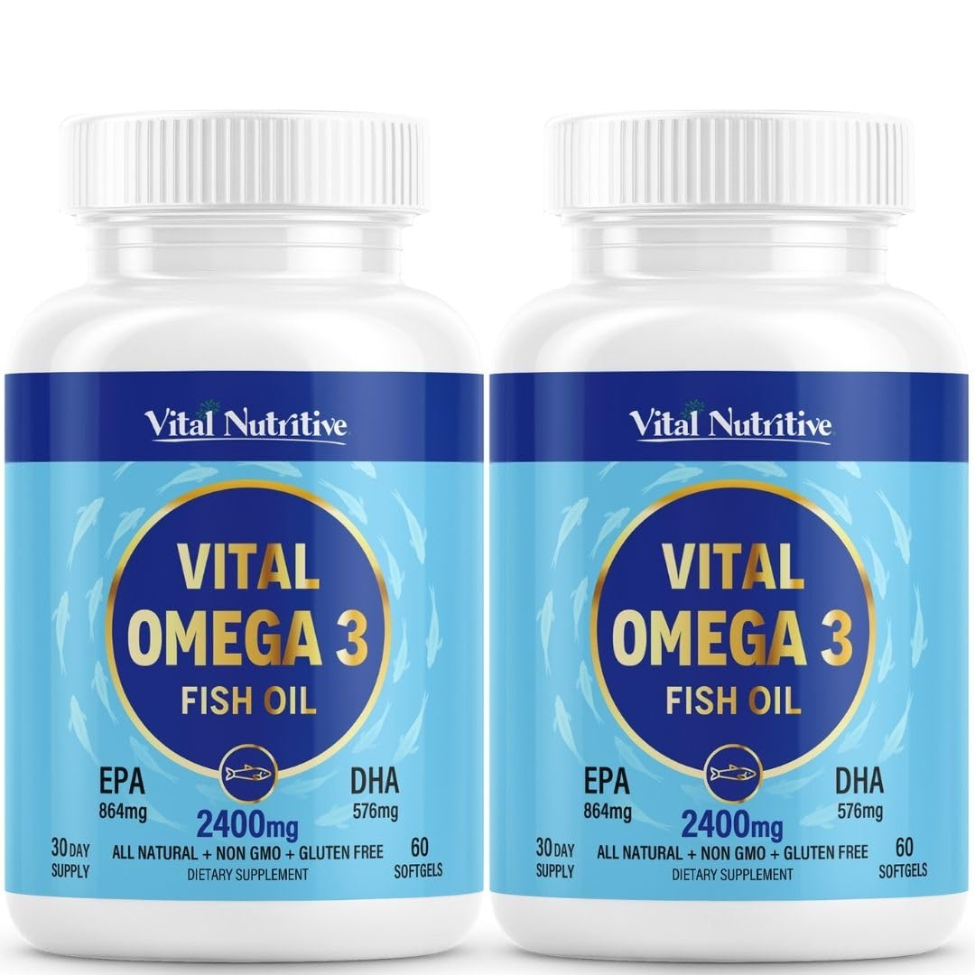 Vital Omega 3 Fish Oil Supplements 2400mg | 864mg EPA & 576mg DHA | 1440mg Total Omega-3 Fatty Acids | Promotes Brain & Heart Health | Non-GMO, Gluten-Free, Sugar-Free | Lemon | 60 Day Servings VITAL NUTRITIVE buy supplements canada