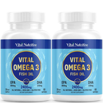 Vital Omega 3 Fish Oil Supplements 2400mg | 864mg EPA & 576mg DHA | 1440mg Total Omega-3 Fatty Acids | Promotes Brain & Heart Health | Non-GMO, Gluten-Free, Sugar-Free | Lemon | 60 Day Servings VITAL NUTRITIVE buy supplements canada