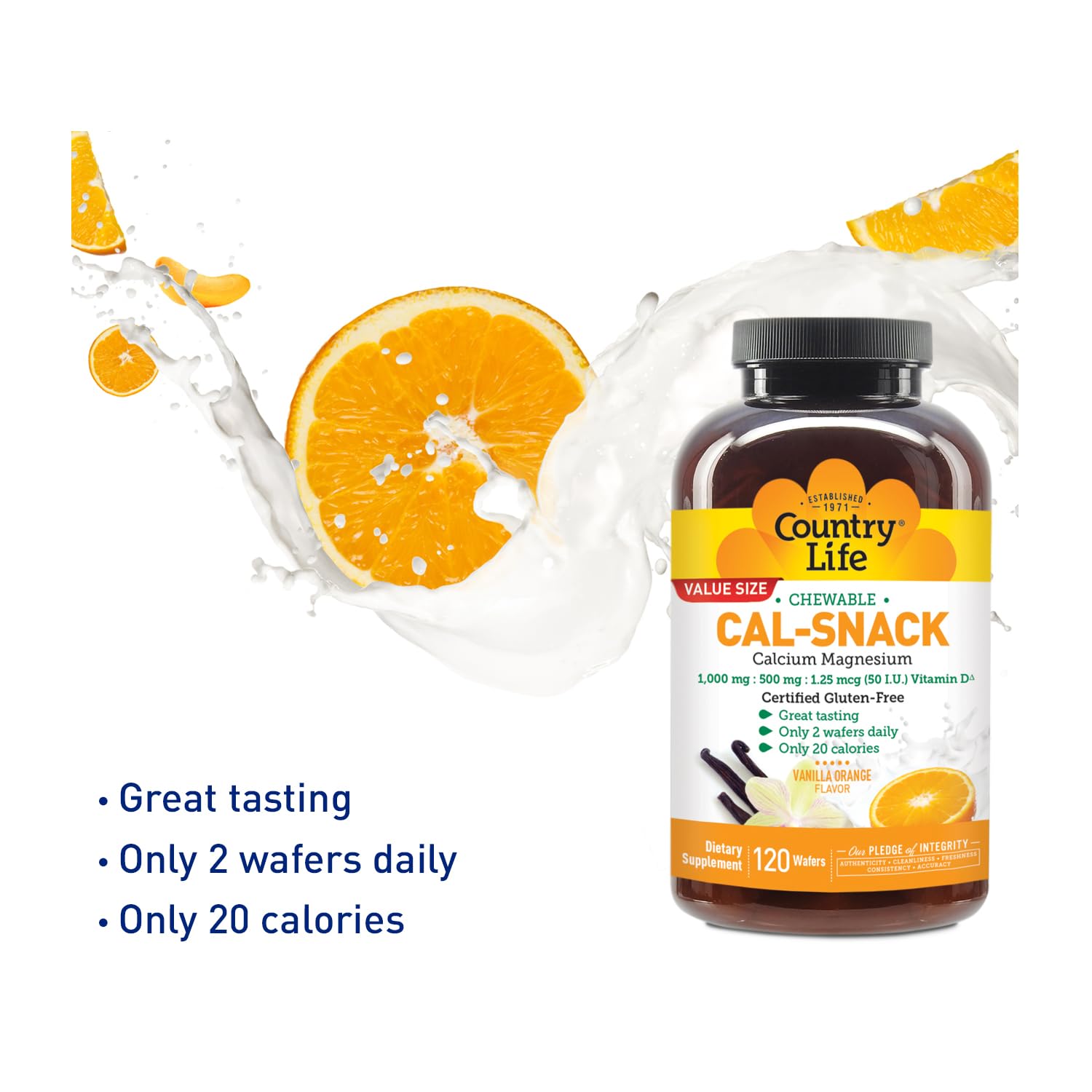 Country Life Cal-Snack - Chewable Calcium Magnesium Supplement wafers with Vitamin D3, Easy to Digest, Vanilla Orange Flavor, Dietary Supplement Country Life buy supplements canada