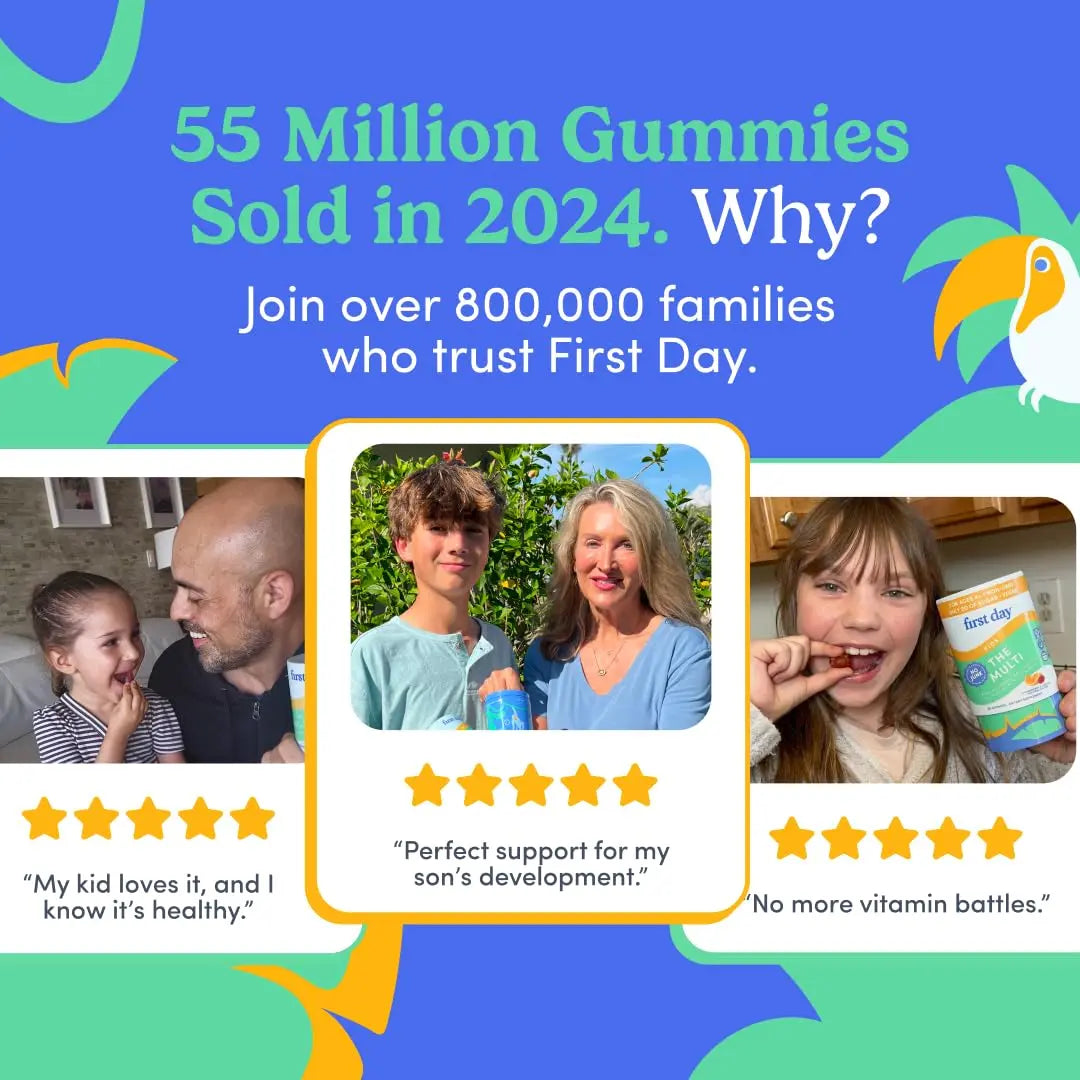 First Day Kids Multivitamin Gummies Age 4+, Strawberry & Orange - Kids Vitamins Multivitamin Gummy A C D3 K2 B1 B2 B6 B12 Folate, Immunity & Brain Function FIRST DAY buy supplements canada
