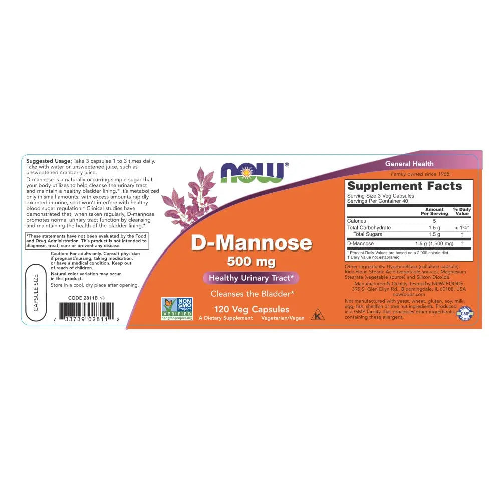 NOW Foods Supplements, D-Mannose 500 mg, Non-GMO Project Verified, Healthy Urinary Tract*, 120 Veg Capsules (Pack of 3) NOW Foods buy supplements canada