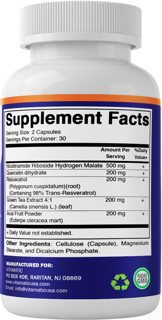 Vitamatic NAD Nicotinamide Riboside Supplement 1300mg 60 Ct - Support Healthy Aging, Cellular Energy Production, Made with Riboside, Quercetin, Resveratrol, Green Tea, & Acai Powder Vitamatic buy supplements canada