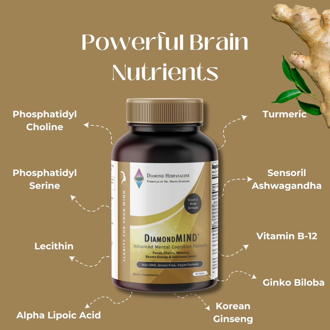 DiamondMIND Brain Support Supplement - Natural Formula for Mental Energy & Cognitive Function - Focus, Clarity, and Memory Supplement - Less Mental Stress - Vegan, Gluten-Free, Dairy-Free - (60 Count) Herpanacine buy supplements canada