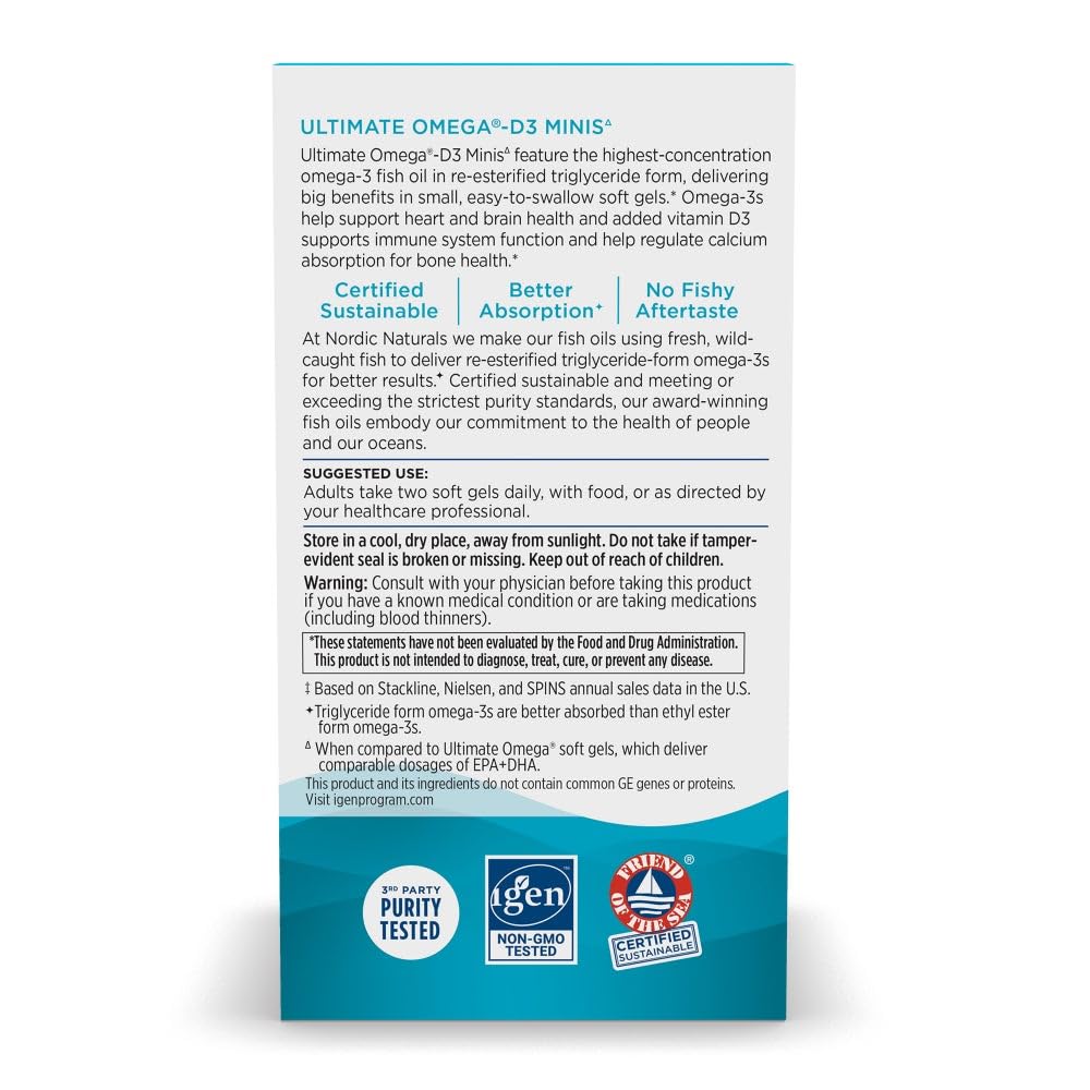 Nordic Naturals Ultimate Omega Mini D3, Lemon Flavor - 60 Mini Soft Gels - 1120 mg Omega-3 + 1000 IU Vitamin D3 - EPA & DHA - Promotes Brain & Heart Health - 30 Servings Nordic Naturals buy supplements canada