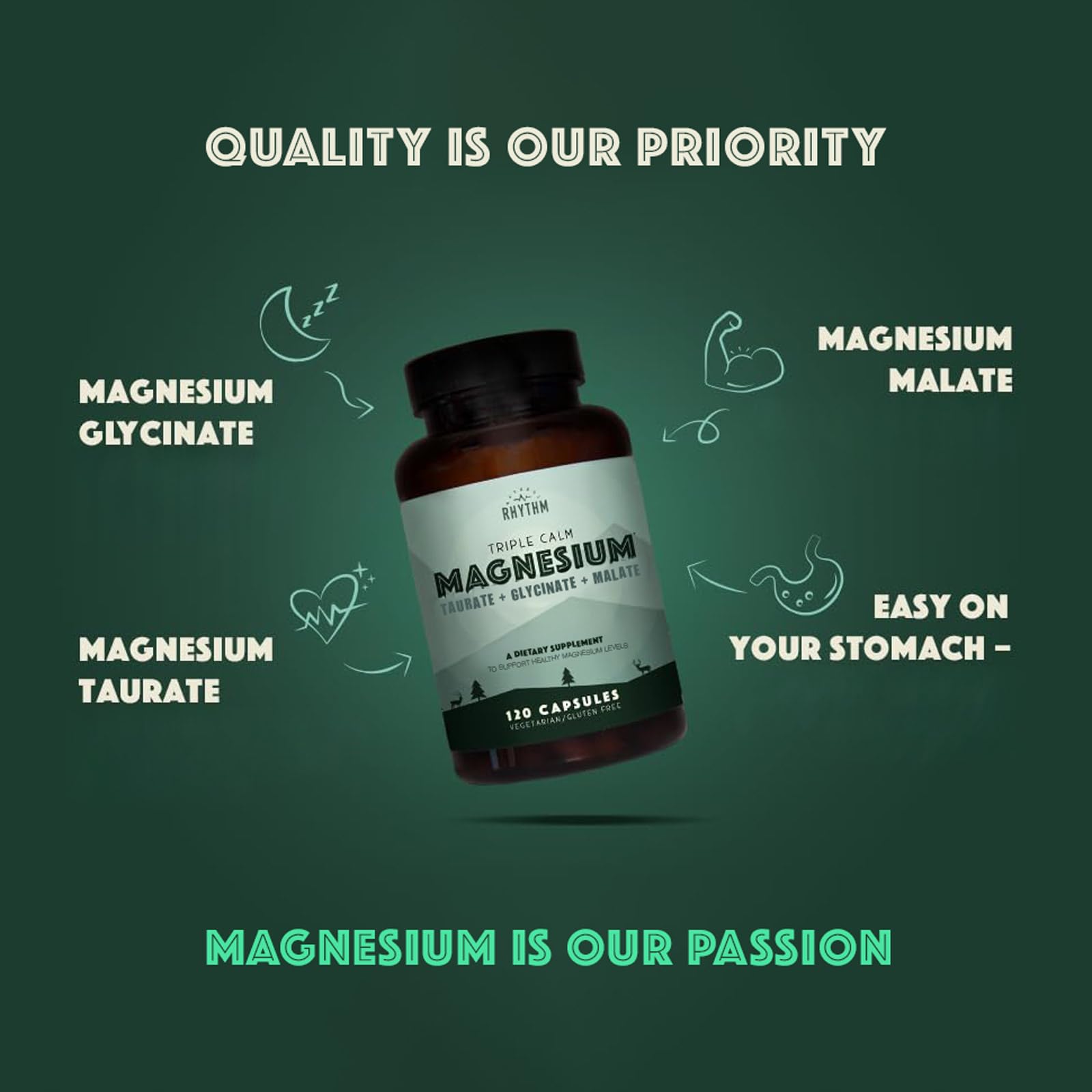 Natural Rhythm Triple Calm Magnesium Complex - 120 Capsules, Chelated Magnesium Glycinate, Taurate & Malate, High Absorption Supplement for Sleep, Stress, Muscle & Heart Support, Non-GMO, Vegan Natural Rhythm buy supplements canada