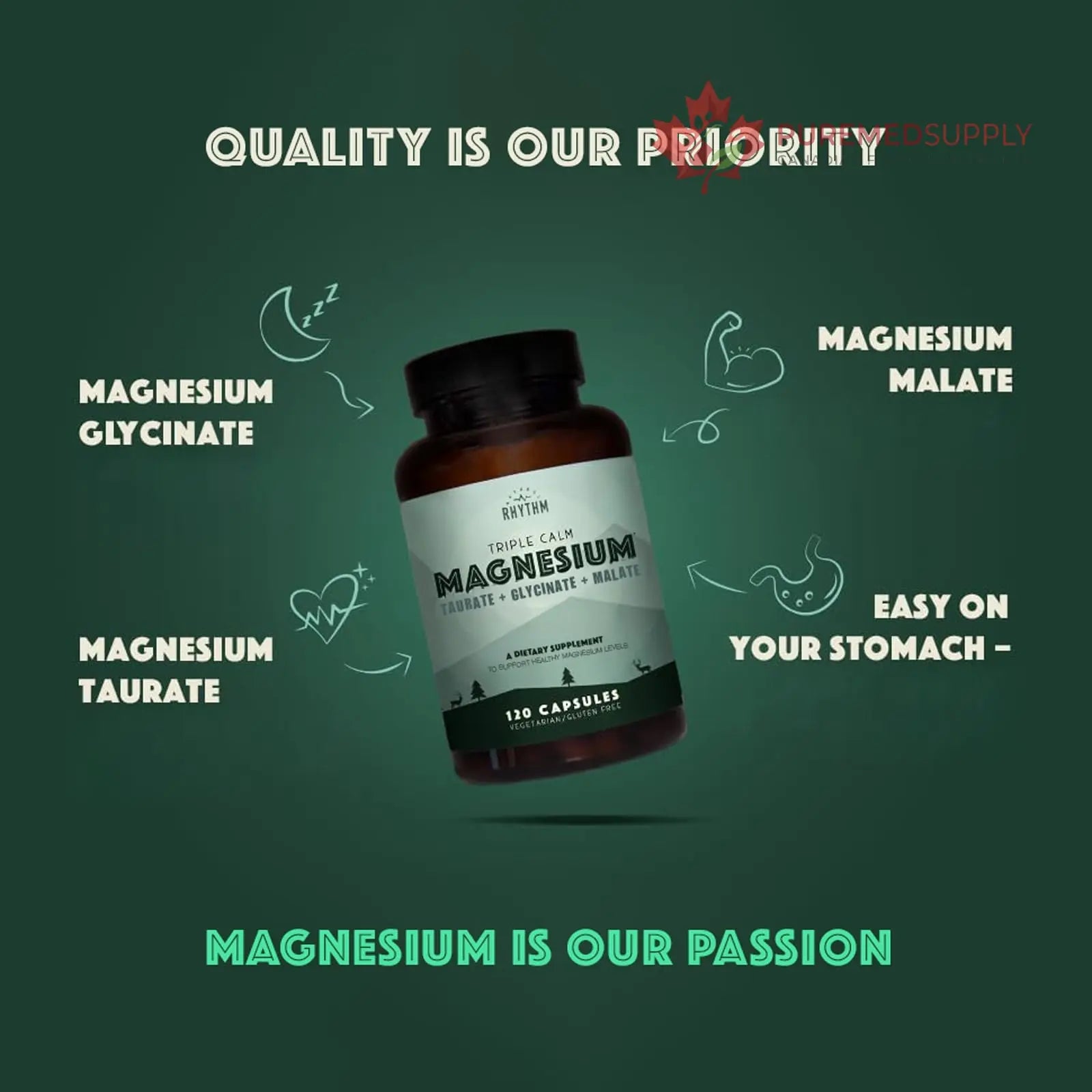 Natural Rhythm Triple Calm Magnesium Complex - 120 Capsules, Chelated Magnesium Glycinate, Taurate & Malate, High Absorption Supplement for Sleep, Stress, Muscle & Heart Support, Non-GMO, Vegan Natural Rhythm buy supplements canada