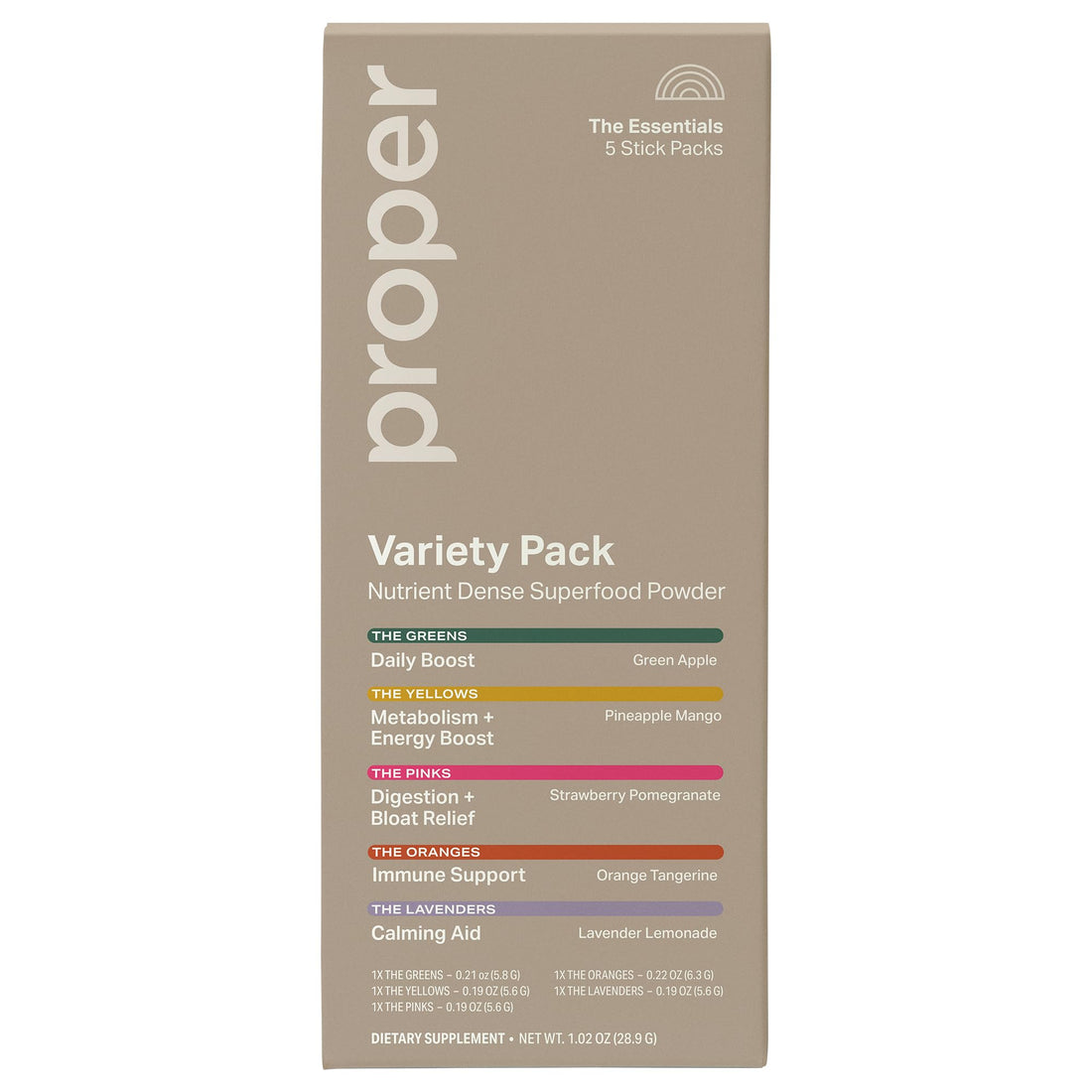 Proper The Essentials Super Foods Powder 5-Stick Variety Pack - Super Greens, Gut Health, Metabolism & Energy, Calm Magnesium Powder & Immune Support Supplement Packs Proper buy supplements canada