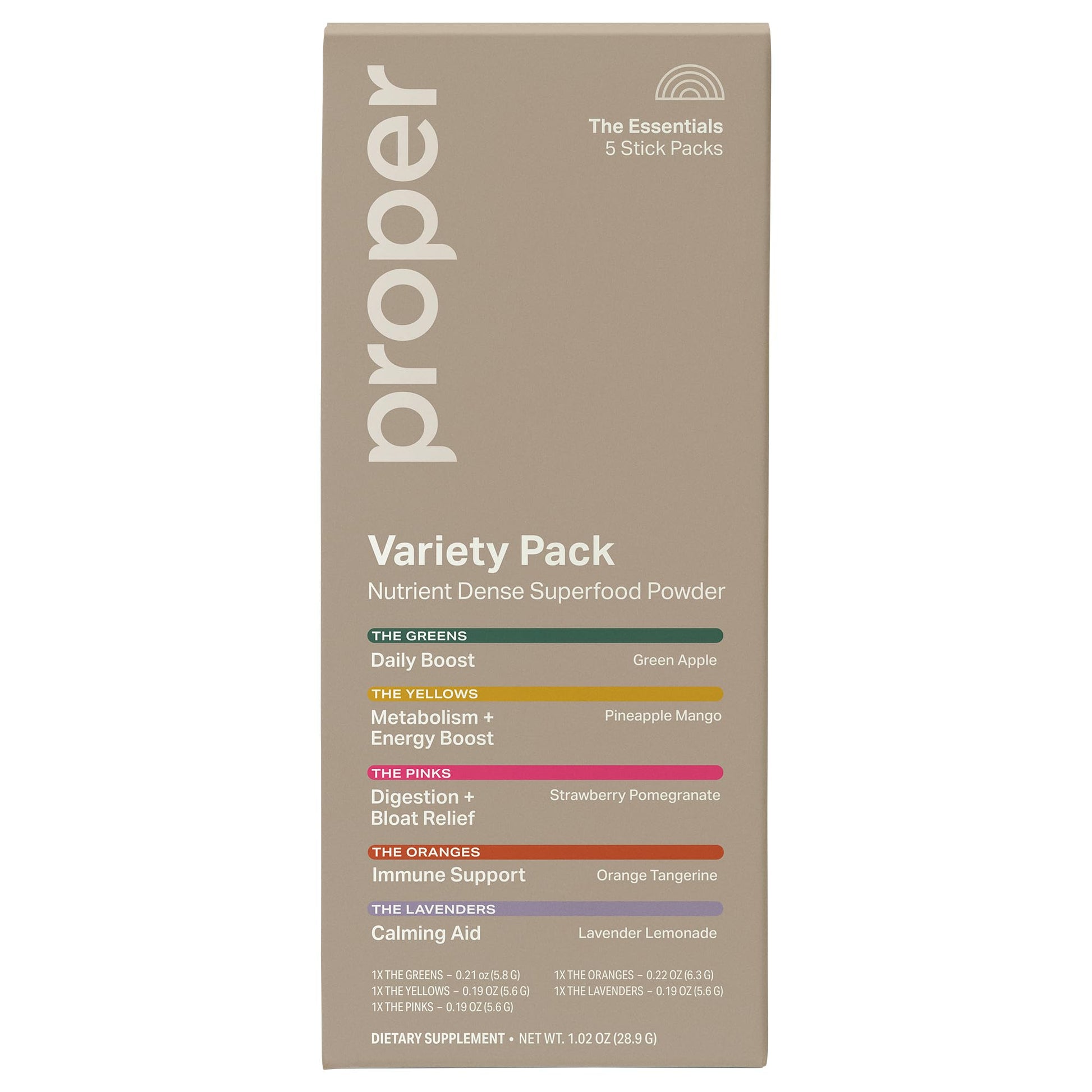 Proper The Essentials Super Foods Powder 5-Stick Variety Pack - Super Greens, Gut Health, Metabolism & Energy, Calm Magnesium Powder & Immune Support Supplement Packs Proper buy supplements canada